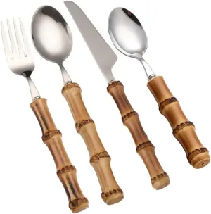 Bamboo Handle Fork Spoon Set 3-piece Stainless Steel Versatile for Dessert Camping Picnic Travel