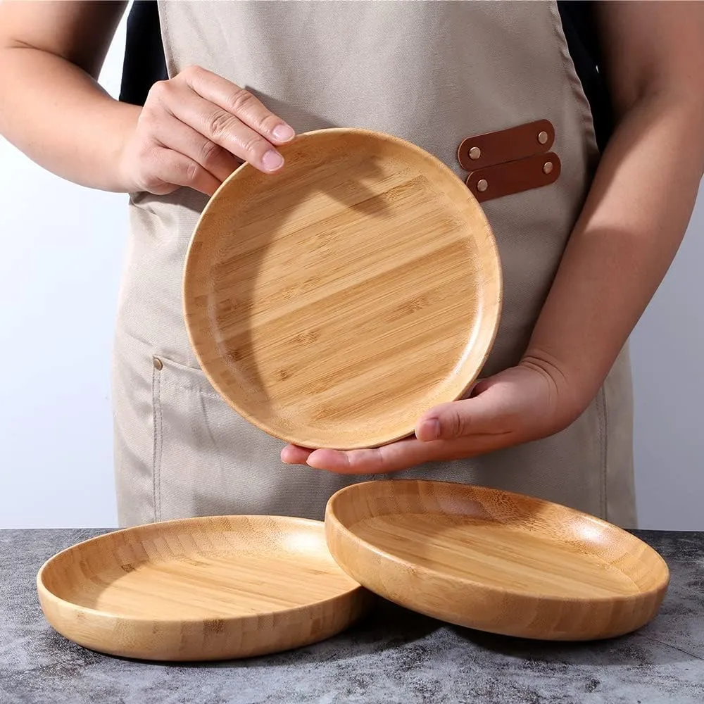 Bamboo Plates 7.5Inch Round Bamboo Plate Reusable Dinner Plate Tableware 4PCS Wooden Plates Lightweight Dishes Snack, Dessert, Unbreakable Classic Plate