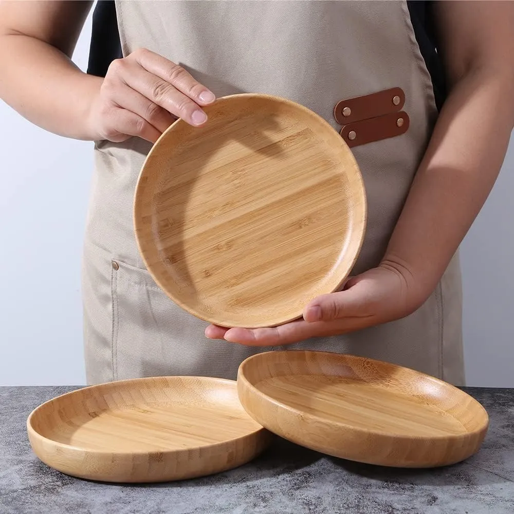 Bamboo Plates 7.5Inch Round Bamboo Plates Reusable Dinner Plates Tableware Set of 3 Wooden Plates Lightweight Dishes Snack, Dessert, Unbreakable Classic Plates