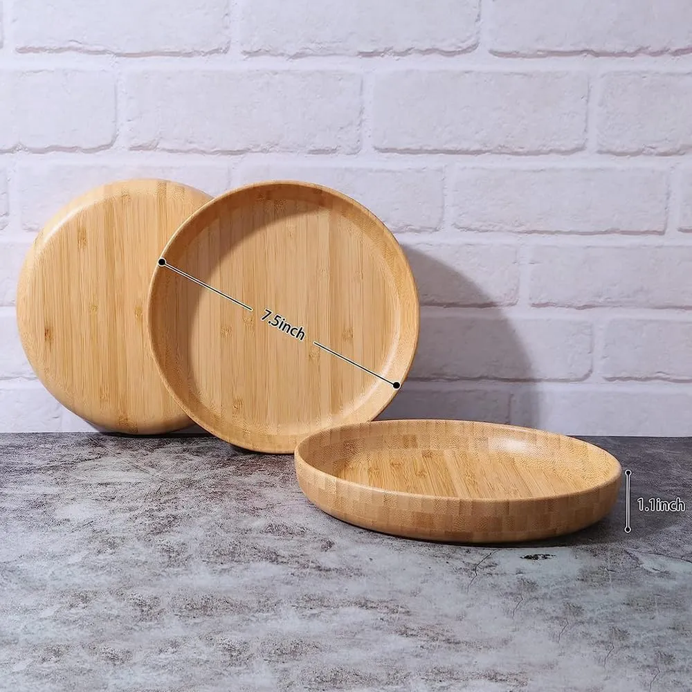 Bamboo Plates 7.5Inch Round Bamboo Plates Reusable Dinner Plates Tableware Set of 3 Wooden Plates Lightweight Dishes Snack, Dessert, Unbreakable Classic Plates