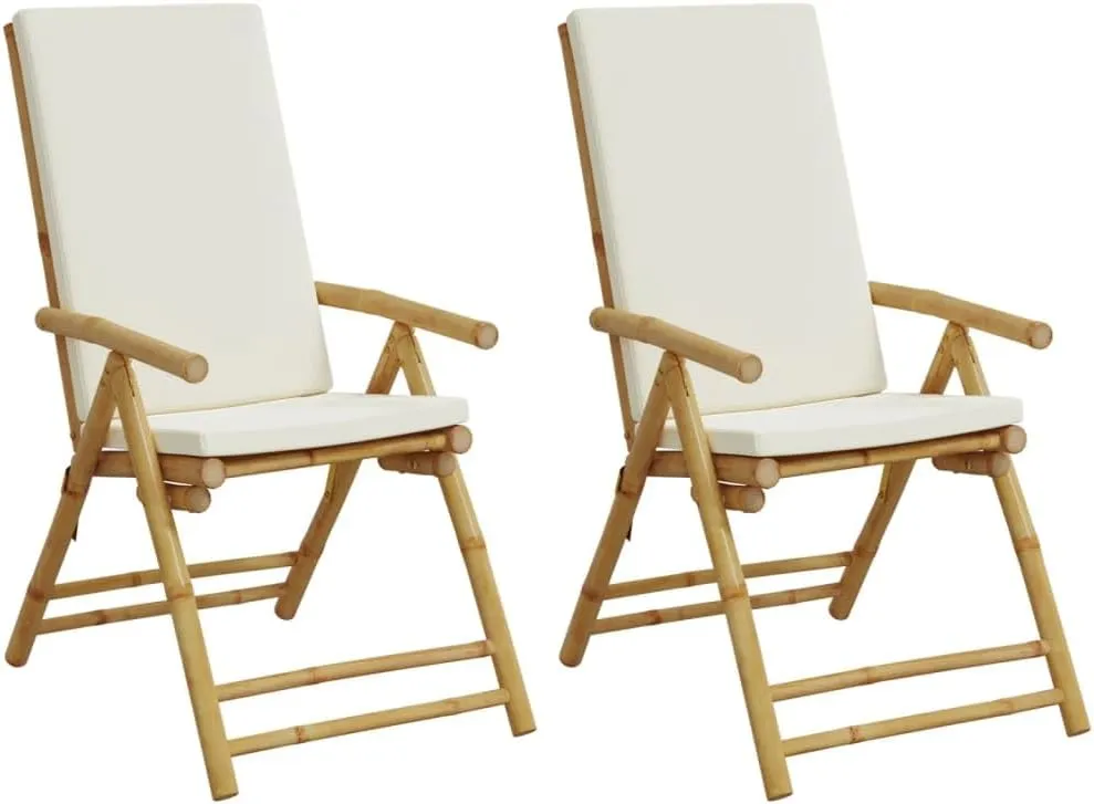 Bamboo Reclining Patio Chairs with Cushions Foldable Outdoor Lounge Chairs 2-Pack for Poolside Reading and Relaxation
