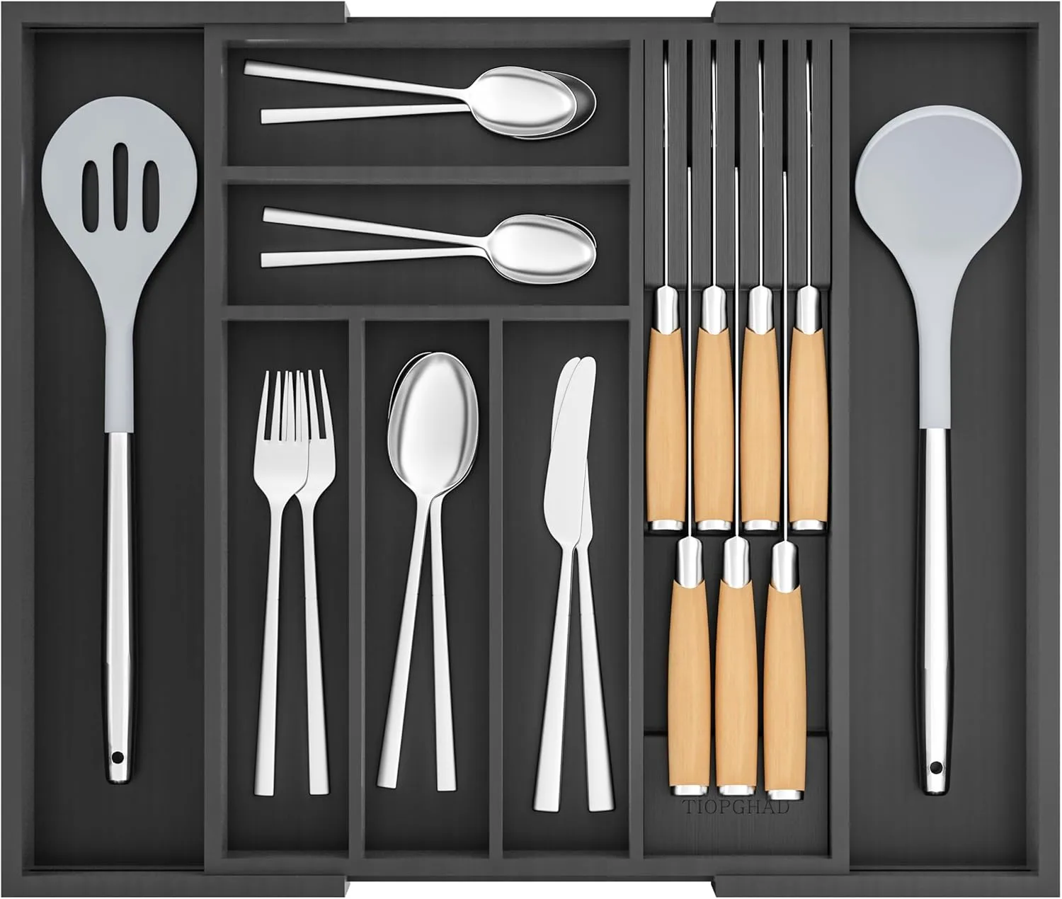 Bamboo-Silverware-Drawer-Organizer-Kitchen, Expandable Utensil Holder Cutlery Tray Flatware Organization Adjustable Wood Tableware Dividers Storage (with Removable Knife Block)(Black)