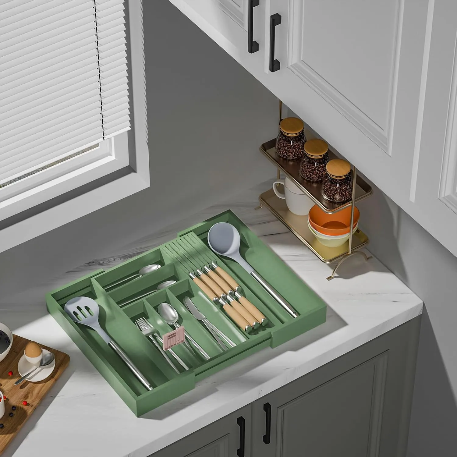 Bamboo-Silverware-Drawer-Organizer-Kitchen, Expandable Utensil Holder Cutlery Tray Flatware Organization Adjustable Wood Tableware Dividers Storage (with Removable Knife Block)(Grayish Green)