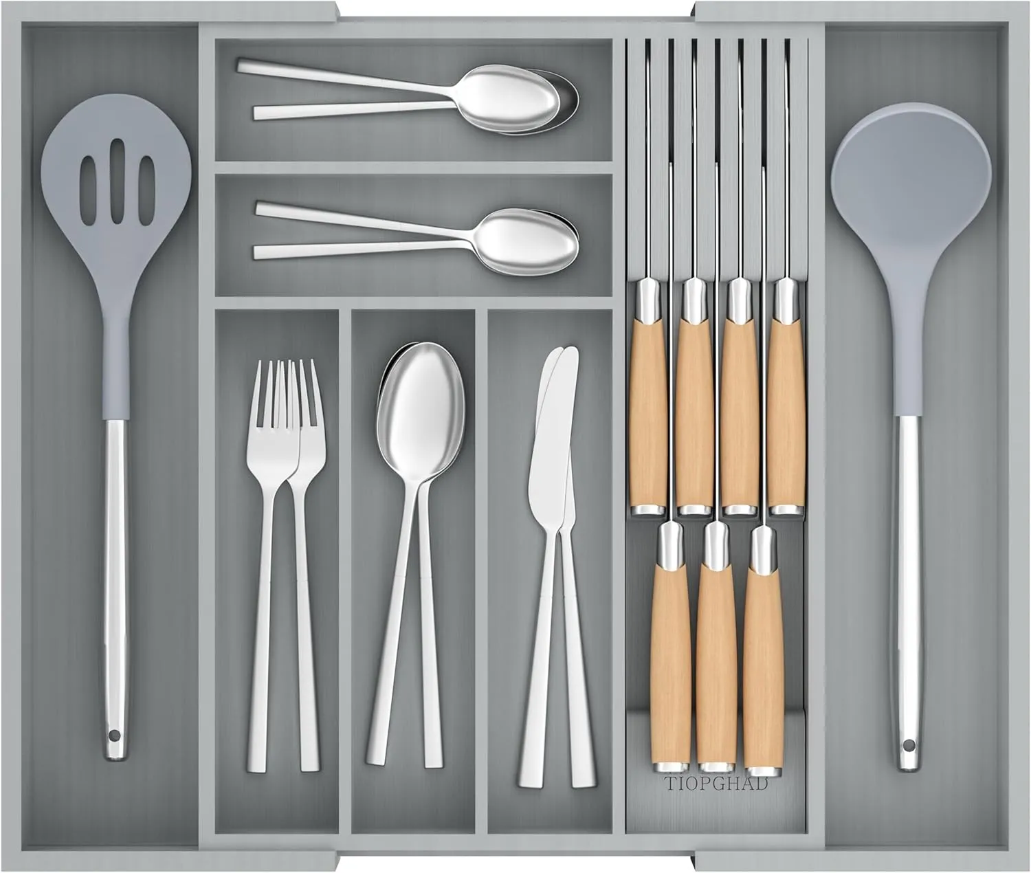Bamboo-Silverware-Drawer-Organizer-Kitchen, Expandable Utensil Holder Cutlery Tray Flatware Organization Adjustable Wood Tableware Dividers Storage (with Removable Knife Block)(Grey)
