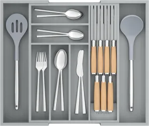 Bamboo-Silverware-Drawer-Organizer-Kitchen, Expandable Utensil Holder Cutlery Tray Flatware Organization Adjustable Wood Tableware Dividers Storage (with Removable Knife Block)(Grey)