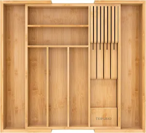 Bamboo-Silverware-Drawer-Organizer-Kitchen, Expandable Utensil Holder Cutlery Tray Flatware Organization Adjustable Wood Tableware Dividers Storage (with Removable Knife Block)(Natural)