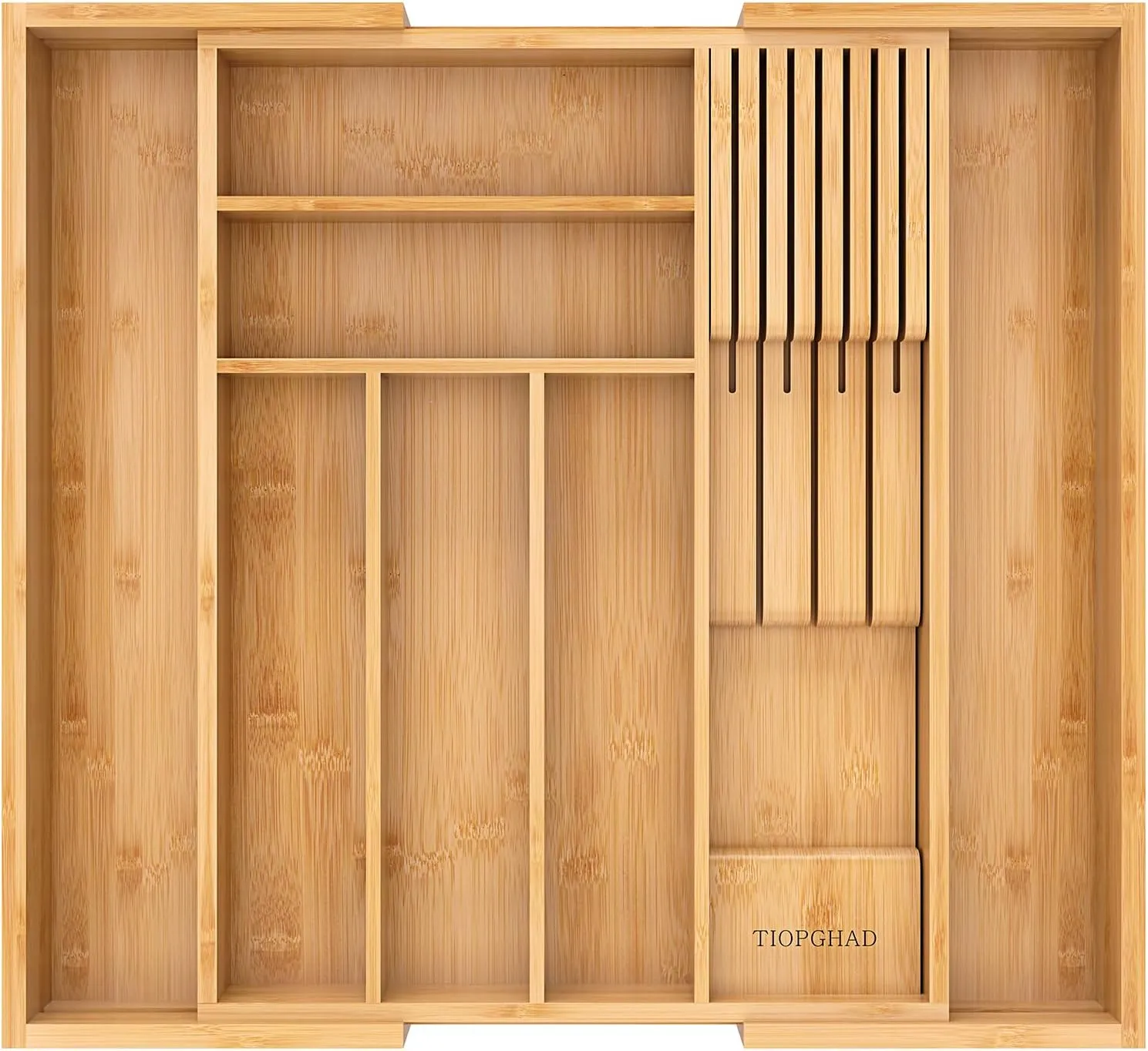 Bamboo-Silverware-Drawer-Organizer-Kitchen, Expandable Utensil Holder Cutlery Tray Flatware Organization Adjustable Wood Tableware Dividers Storage (with Removable Knife Block)(Natural)