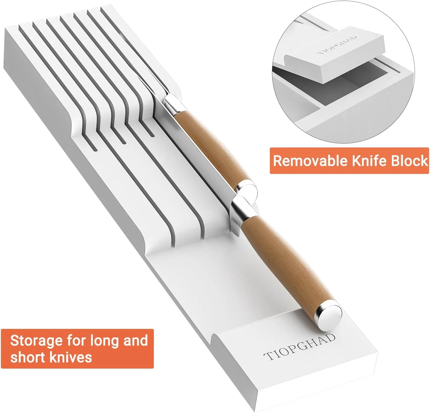 Bamboo-Silverware-Drawer-Organizer-Kitchen, Expandable Utensil Holder Cutlery Tray Flatware Organization Adjustable Wood Tableware Dividers Storage (with Removable Knife Block)(White)