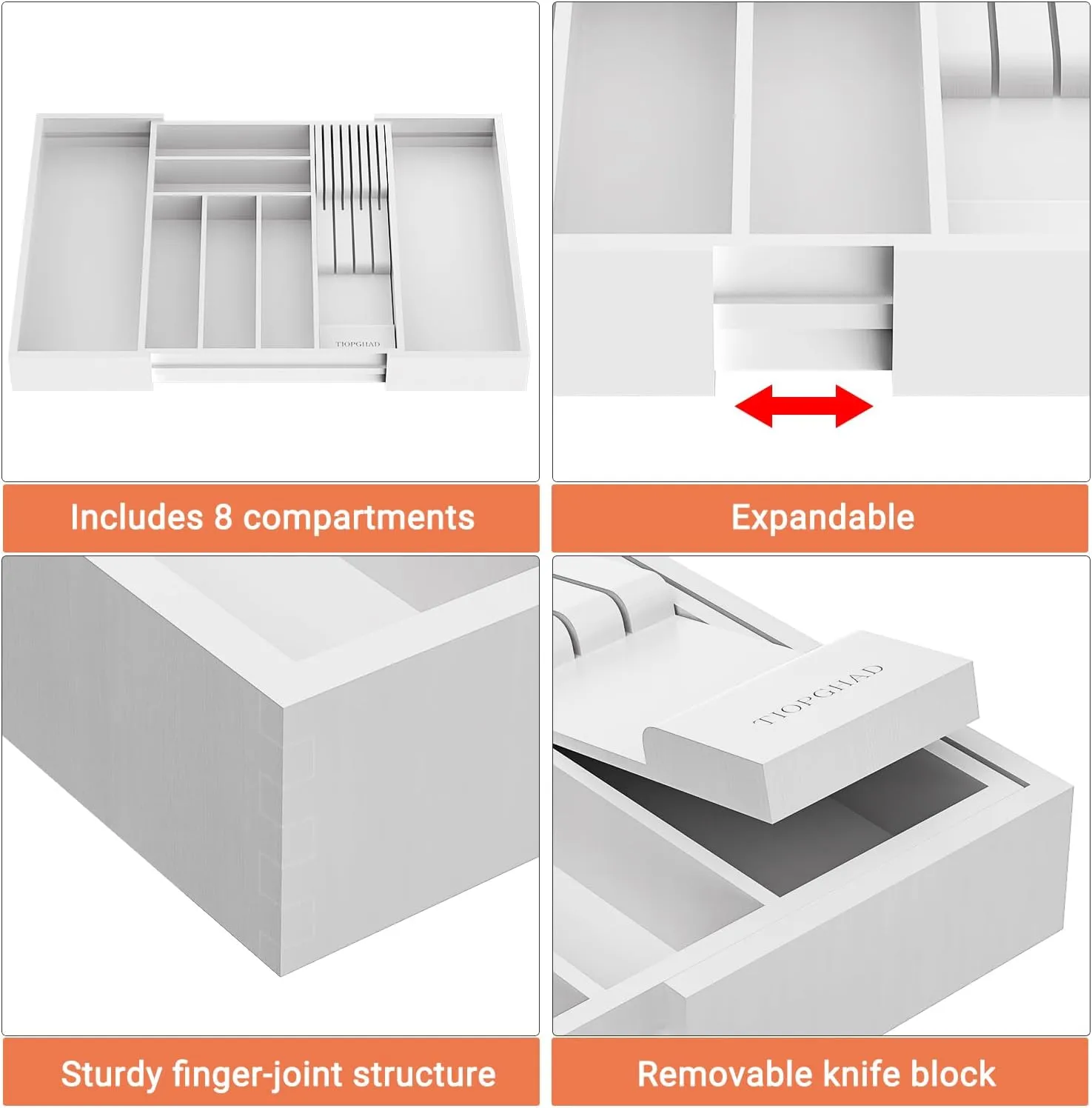 Bamboo-Silverware-Drawer-Organizer-Kitchen, Expandable Utensil Holder Cutlery Tray Flatware Organization Adjustable Wood Tableware Dividers Storage (with Removable Knife Block)(White)