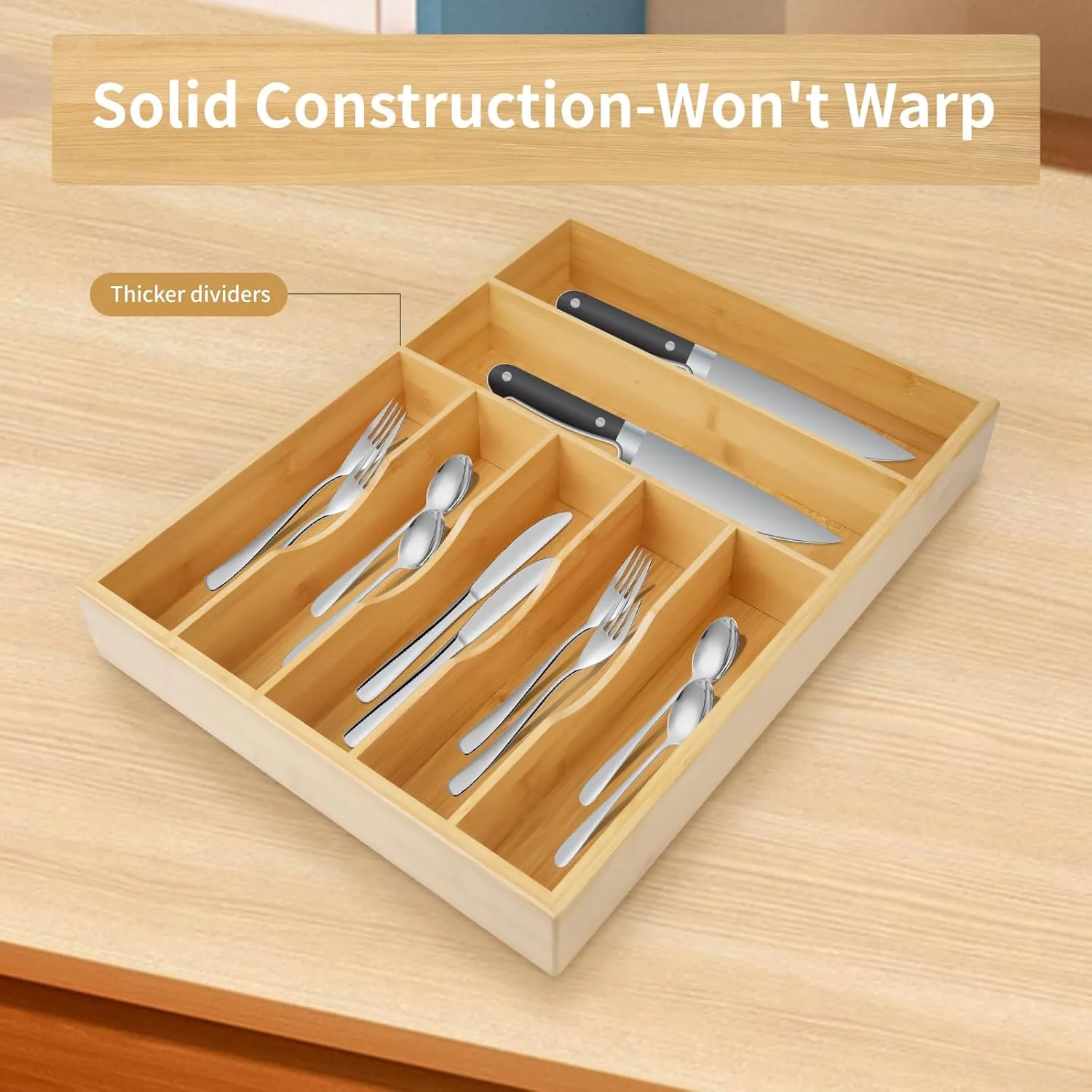 Bamboo Silverware Organizer for Drawer, Utensil Organizer, Cutlery Holder and Utensil Tray with Drawer Dividers for Kitchen Flatware Orgazier