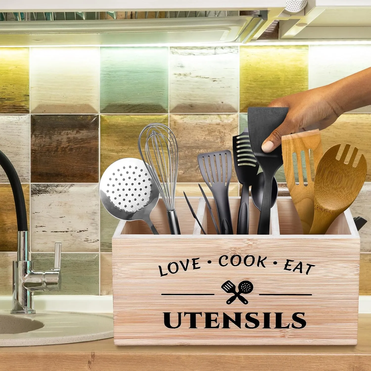 Bamboo Utensil Holder Caddy with 3 Compartments for Kitchen Counter, Rustic Flatware Organizer Cutlery Storage Box for Silverware Fork Spoon Spatula