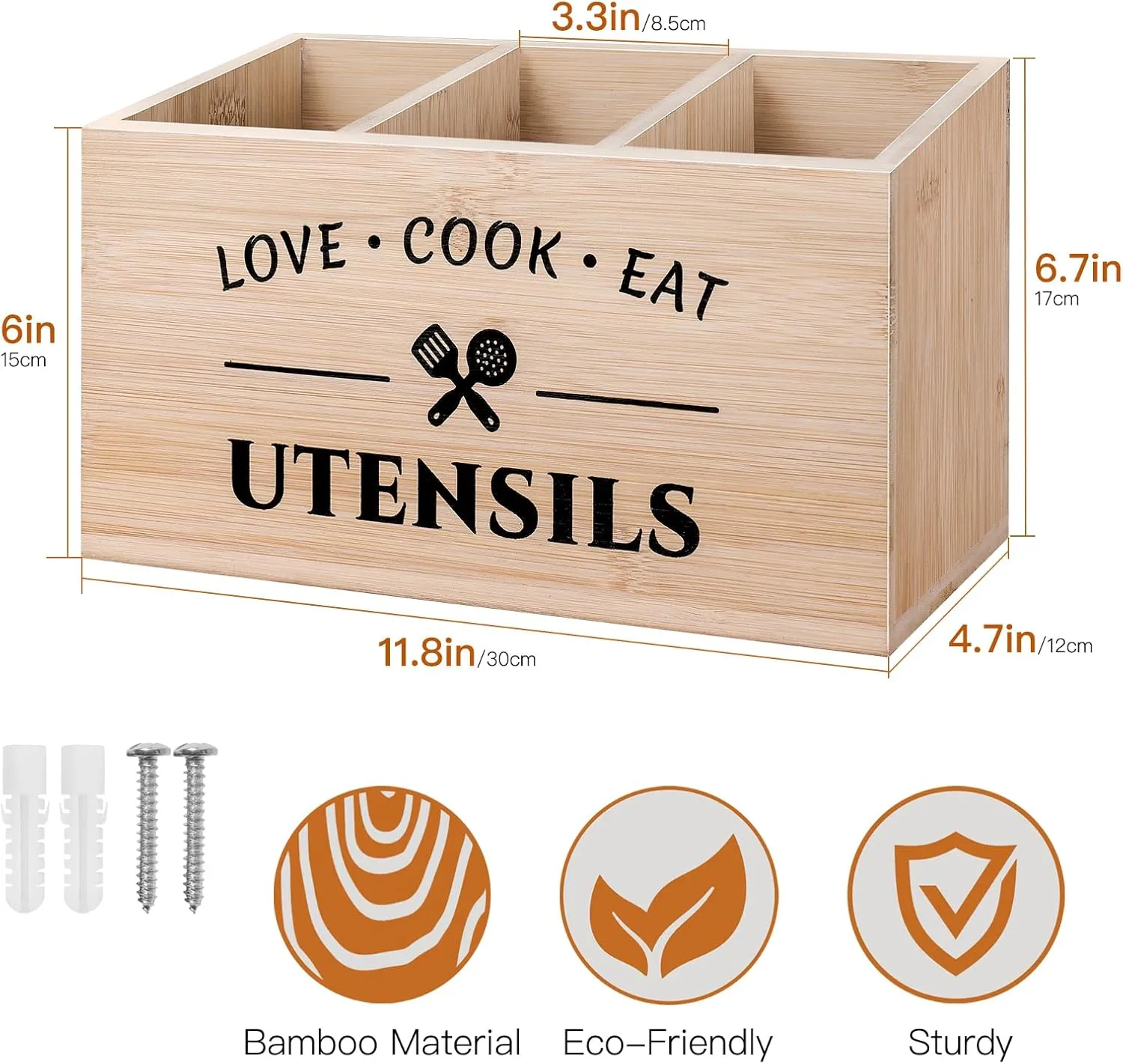 Bamboo Utensil Holder Caddy with 3 Compartments for Kitchen Counter, Rustic Flatware Organizer Cutlery Storage Box for Silverware Fork Spoon Spatula