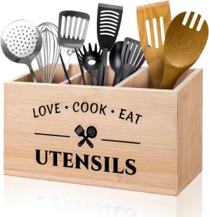 Bamboo Utensil Holder Caddy with 3 Compartments for Kitchen Counter, Rustic Flatware Organizer Cutlery Storage Box for Silverware Fork Spoon Spatula