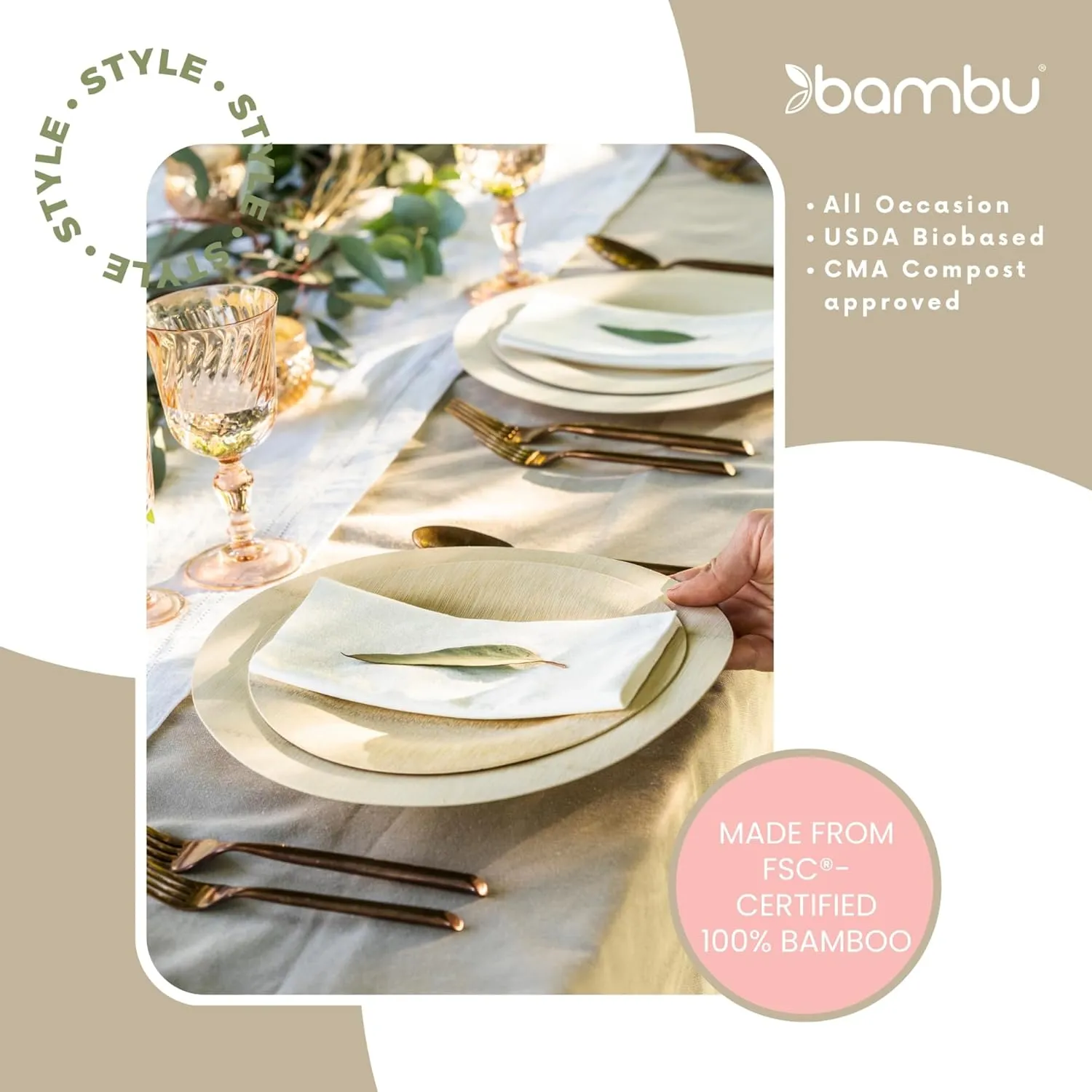 Bambu Pack of 25-11 Inch Round 100% Bamboo Plates – Premium Disposable Dinnerware | Elegant, Biodegradable Veneerware Natural Tableware for Weddings, Parties, Entertaining & Special Occasions