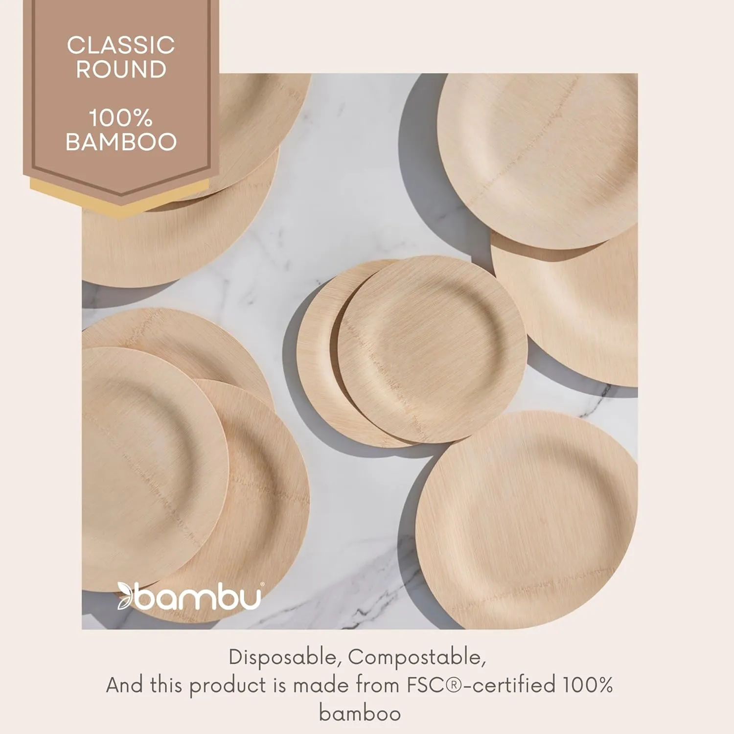 Bambu Pack of 25-11 Inch Round 100% Bamboo Plates – Premium Disposable Dinnerware | Elegant, Biodegradable Veneerware Natural Tableware for Weddings, Parties, Entertaining & Special Occasions
