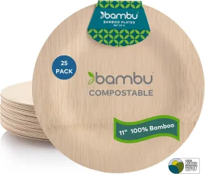 Bambu Pack of 25-11 Inch Round 100% Bamboo Plates – Premium Disposable Dinnerware | Elegant, Biodegradable Veneerware Natural Tableware for Weddings, Parties, Entertaining & Special Occasions