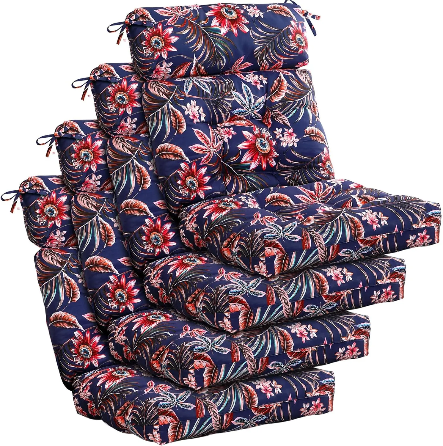 Barydat 4 Pcs Tufted High Back Chair Cushion Indoor Outdoor Seat and Back Cushions Palm Leaves Tropical Plants Lawn Rocking Chair Pads with Ties for Adirondack Patio Garden(Bright Style)