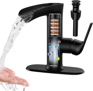 Bathroom Faucets, Waterfall Sink Faucet with Hard Water Filter, Black Rv Bathroom Sink Faucet with 360° Swivel Spout for 1-Hole or 3-Hole, Single Handle Bathroom Sink Faucet with Pop Up Drain