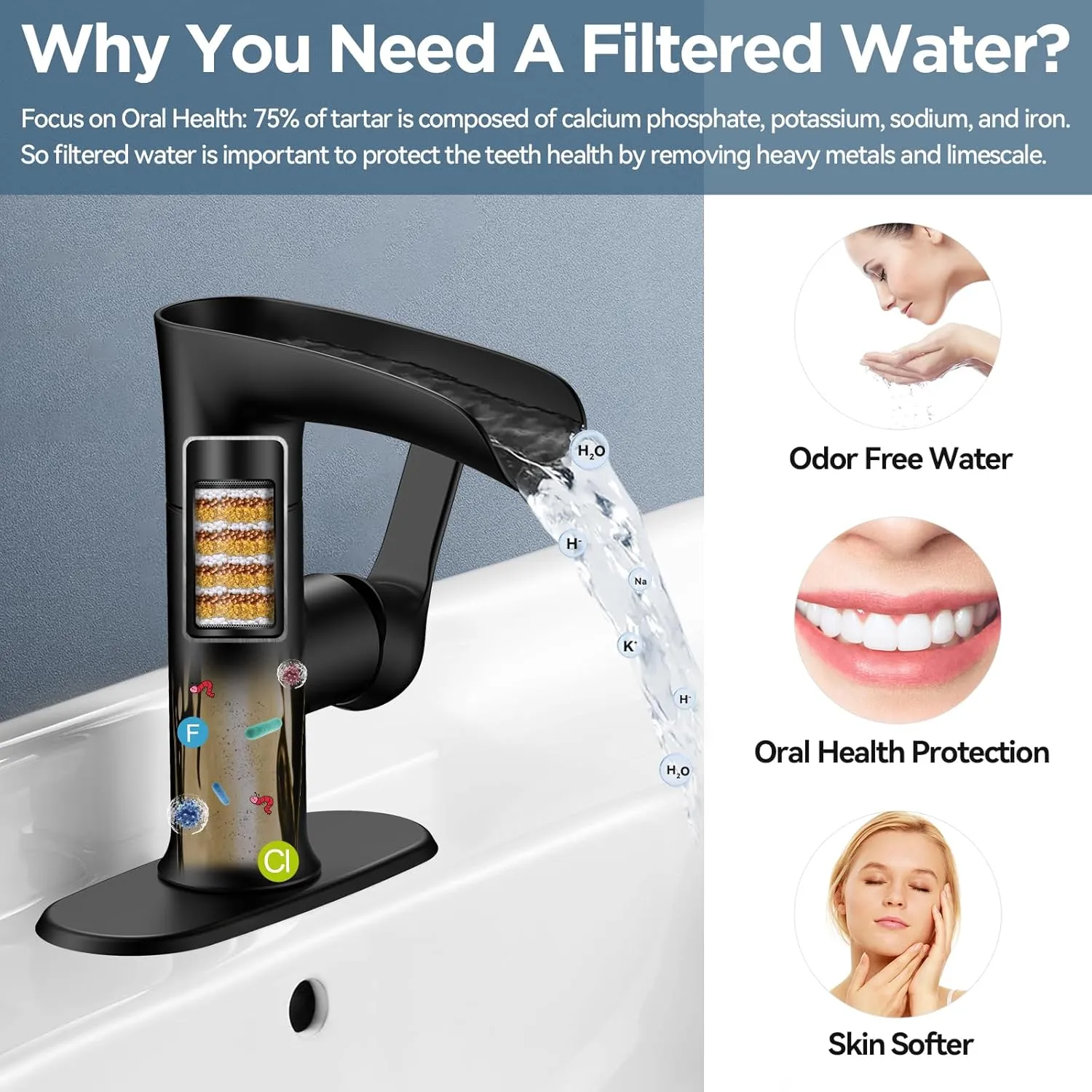 Bathroom Faucets, Waterfall Sink Faucet with Hard Water Filter, Black Rv Bathroom Sink Faucet with 360° Swivel Spout for 1-Hole or 3-Hole, Single Handle Bathroom Sink Faucet with Pop Up Drain
