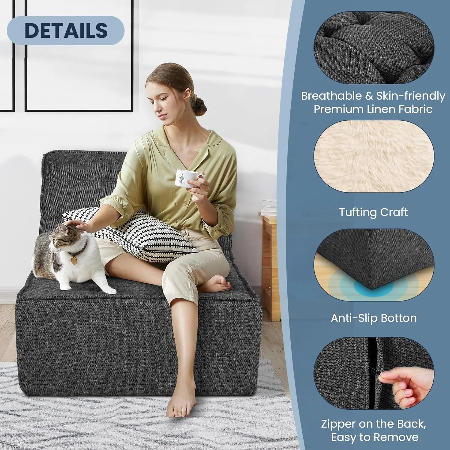 Bean Bag Chair Bean Bag Sofa Chair Soft Stuffed Filling, Fluffy and Lazy Sofa with Filler, Comfy Cozy Giant BeanBag Chairs for Adults with Memory Foam Bean Bag Couch Accent Sofa Chair Lounger Chair