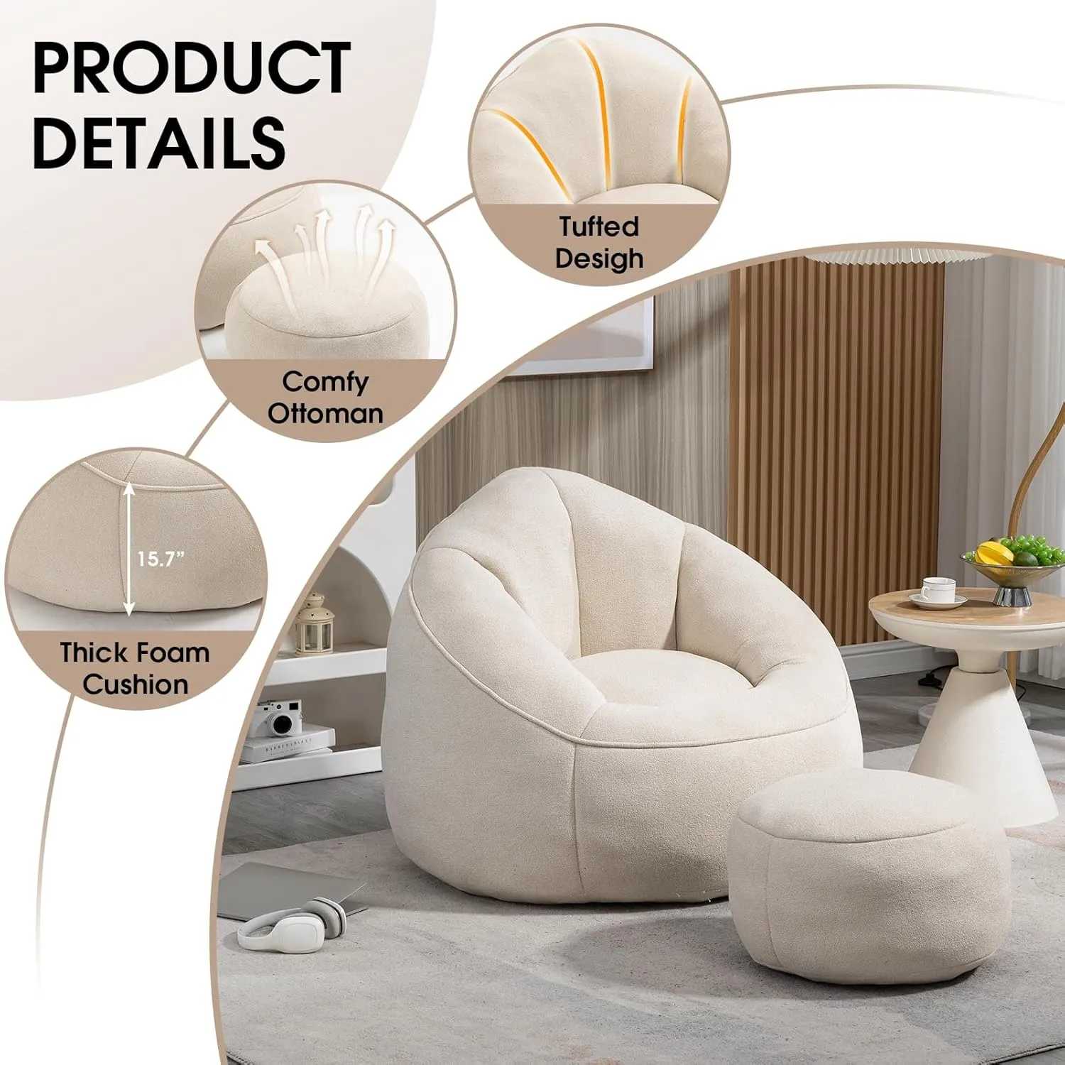 Bean Bag Chair for Adult, Microfiber Upholstered Bean Bag Sofa with Petal Back, Shell-Shaped Beanbag Chair with Footstool, Memory Foam Stuffed Lazy Sofa for Living Room, Bedroom (Beige)