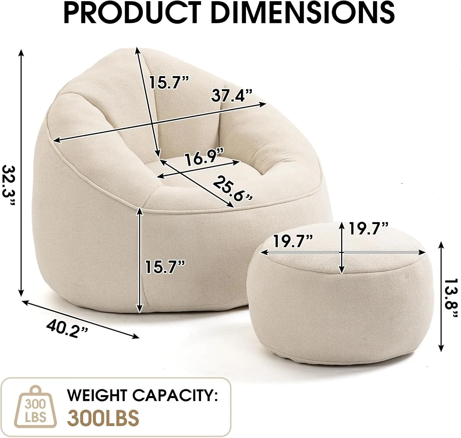 Bean Bag Chair for Adult, Microfiber Upholstered Bean Bag Sofa with Petal Back, Shell-Shaped Beanbag Chair with Footstool, Memory Foam Stuffed Lazy Sofa for Living Room, Bedroom (Beige)