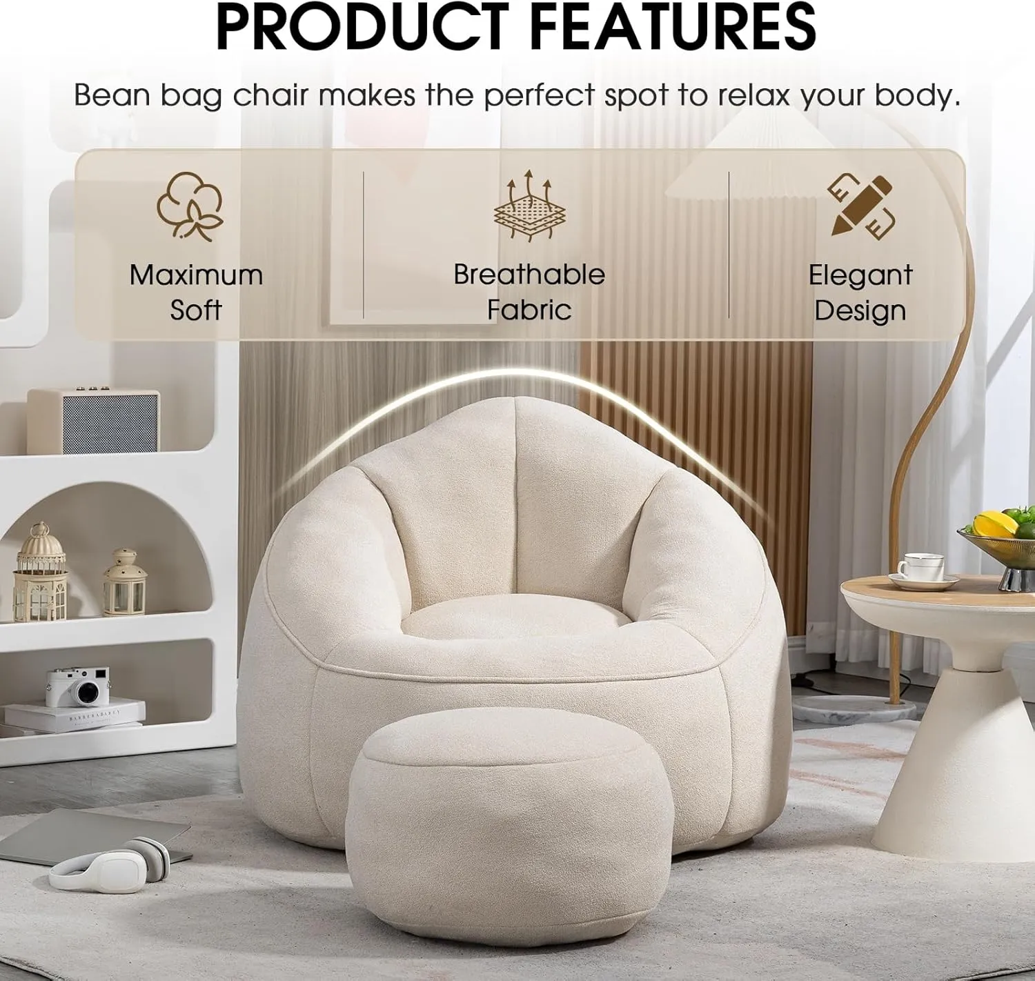Bean Bag Chair for Adult, Microfiber Upholstered Bean Bag Sofa with Petal Back, Shell-Shaped Beanbag Chair with Footstool, Memory Foam Stuffed Lazy Sofa for Living Room, Bedroom (Beige)