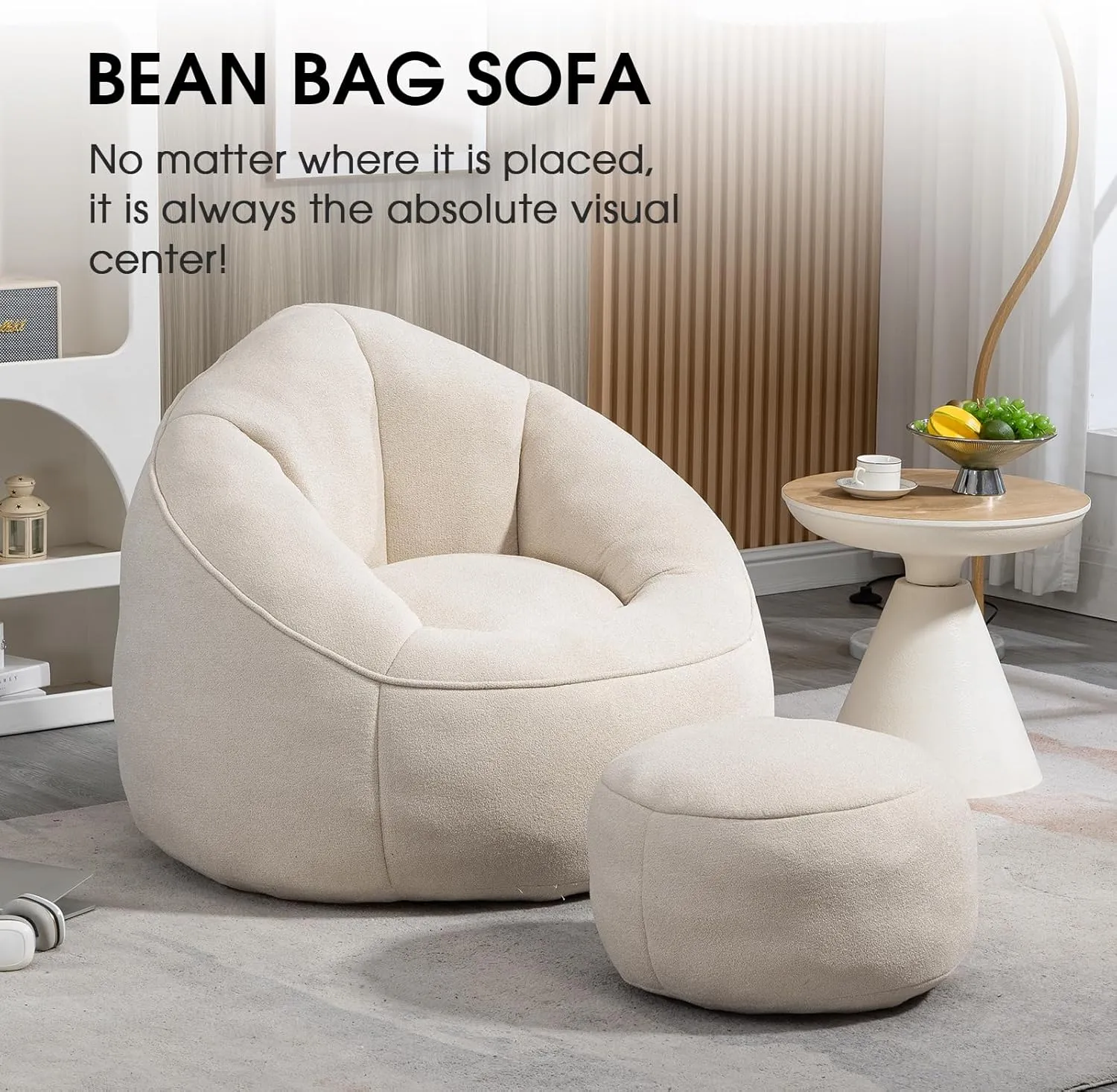 Bean Bag Chair for Adult, Microfiber Upholstered Bean Bag Sofa with Petal Back, Shell-Shaped Beanbag Chair with Footstool, Memory Foam Stuffed Lazy Sofa for Living Room, Bedroom (Beige)