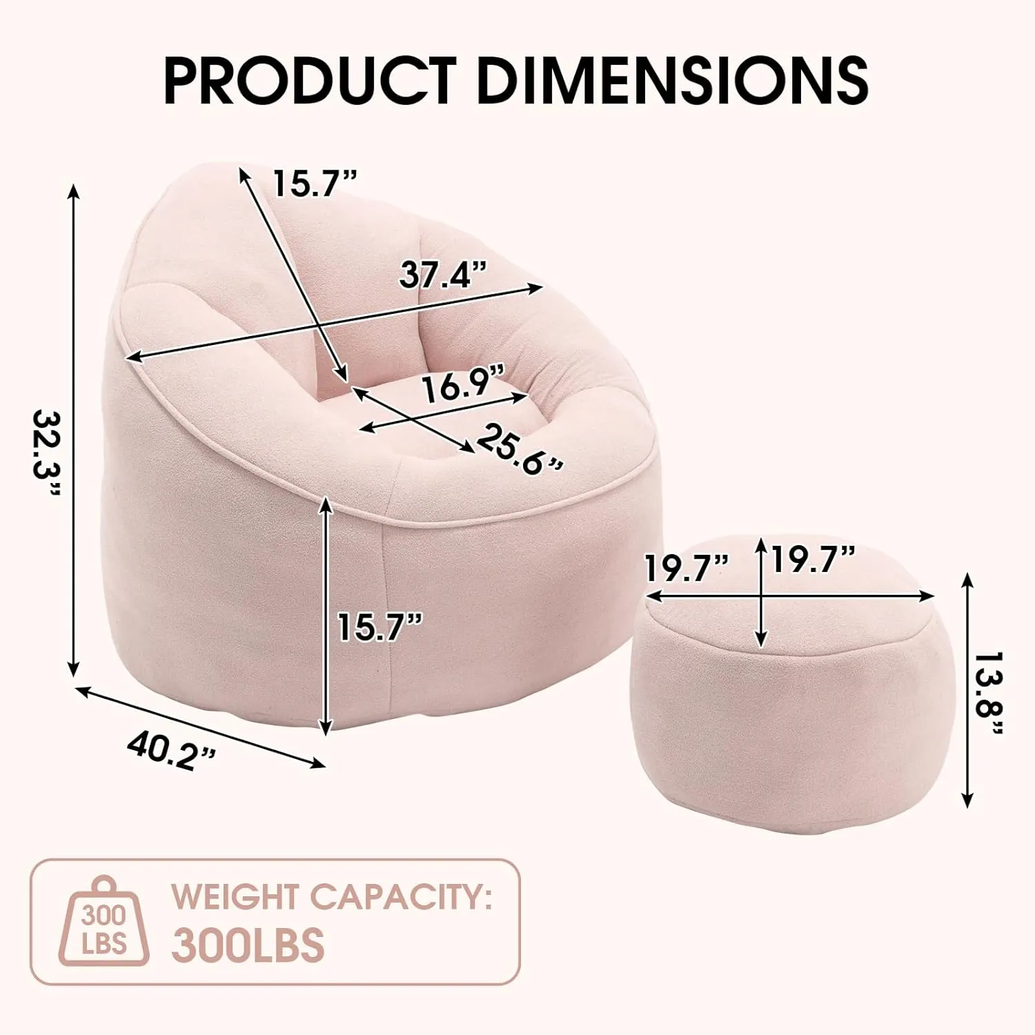 Bean Bag Chair for Adult, Microfiber Upholstered Bean Bag Sofa with Petal Back, Shell-Shaped Beanbag Chair with Footstool, Memory Foam Stuffed Lazy Sofa for Living Room, Bedroom (Pink)