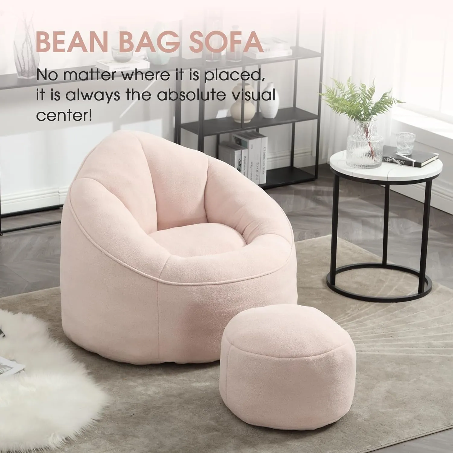 Bean Bag Chair for Adult, Microfiber Upholstered Bean Bag Sofa with Petal Back, Shell-Shaped Beanbag Chair with Footstool, Memory Foam Stuffed Lazy Sofa for Living Room, Bedroom (Pink)