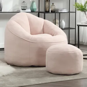 Bean Bag Chair for Adult, Microfiber Upholstered Bean Bag Sofa with Petal Back, Shell-Shaped Beanbag Chair with Footstool, Memory Foam Stuffed Lazy Sofa for Living Room, Bedroom (Pink)