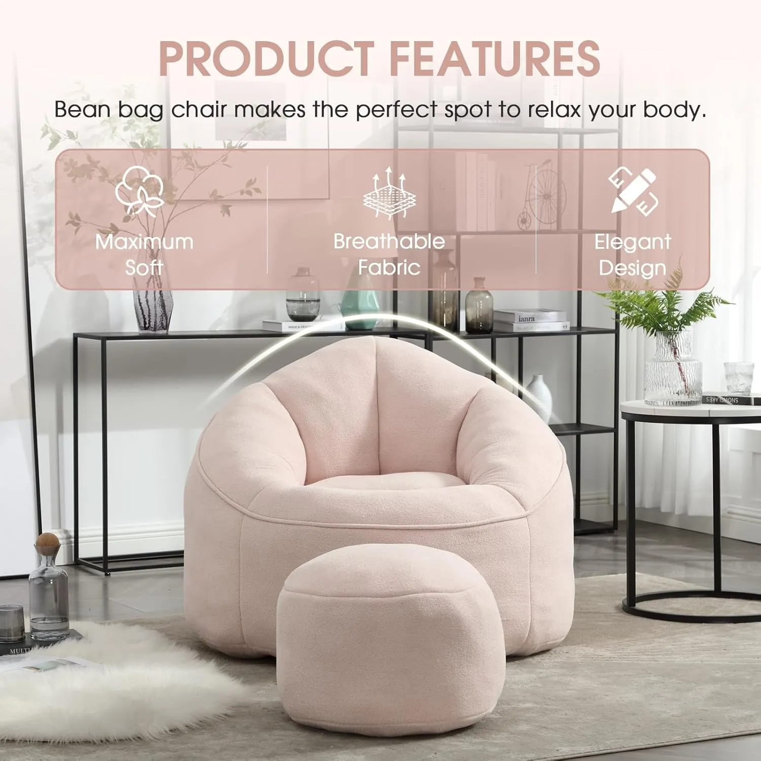 Bean Bag Chair for Adult, Microfiber Upholstered Bean Bag Sofa with Petal Back, Shell-Shaped Beanbag Chair with Footstool, Memory Foam Stuffed Lazy Sofa for Living Room, Bedroom (Pink)