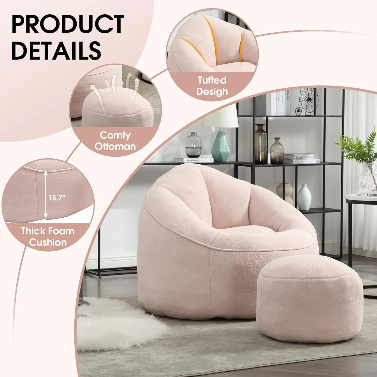 Bean Bag Chair for Adult, Microfiber Upholstered Bean Bag Sofa with Petal Back, Shell-Shaped Beanbag Chair with Footstool, Memory Foam Stuffed Lazy Sofa for Living Room, Bedroom (Pink)