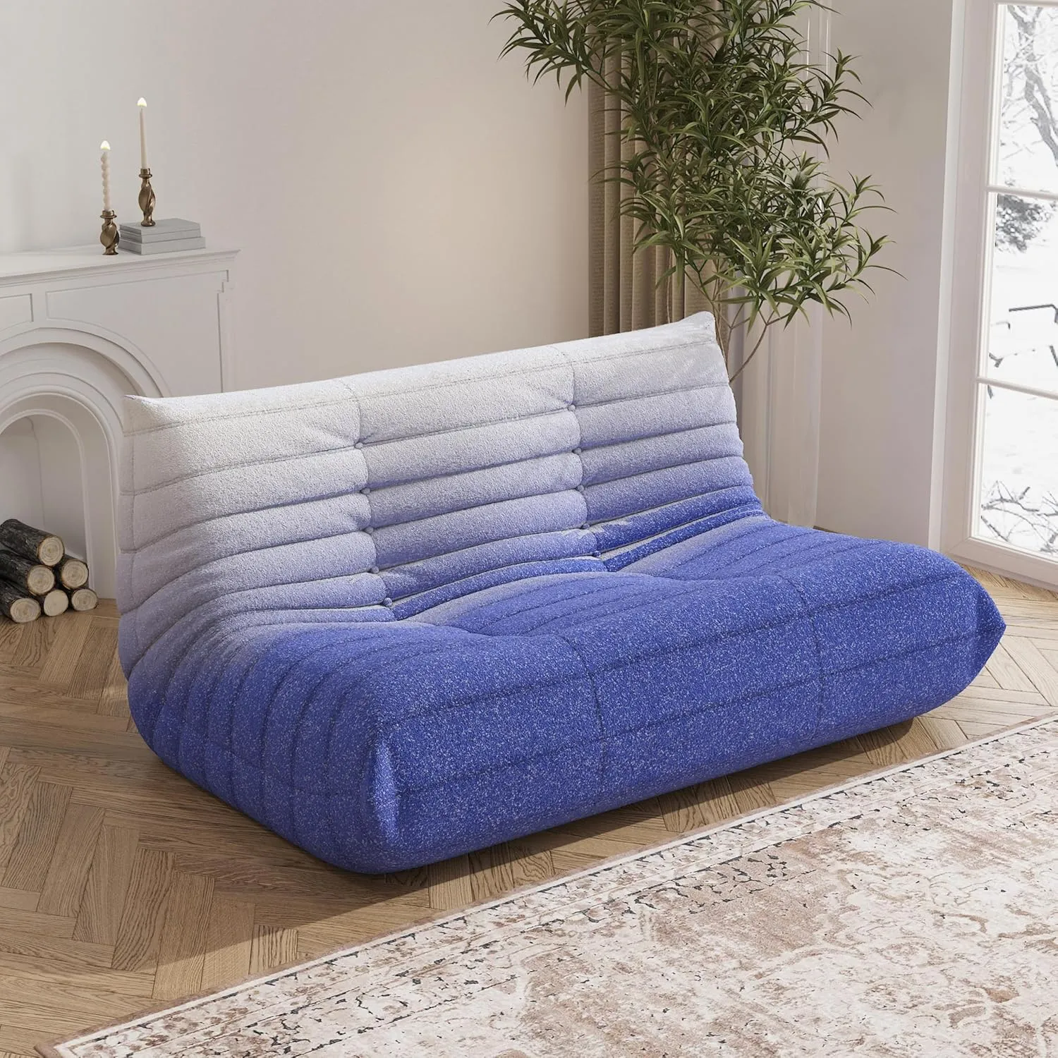 Bean Bag Chair, Loveseat Fireside Chair Bean Bag Sofa Large Bean Bag Chair for Adults, 2 Seater Bean Bag Chairs for Teens with High Density Comfortable Foam, Bean Bag for Living Room (Blue&White)