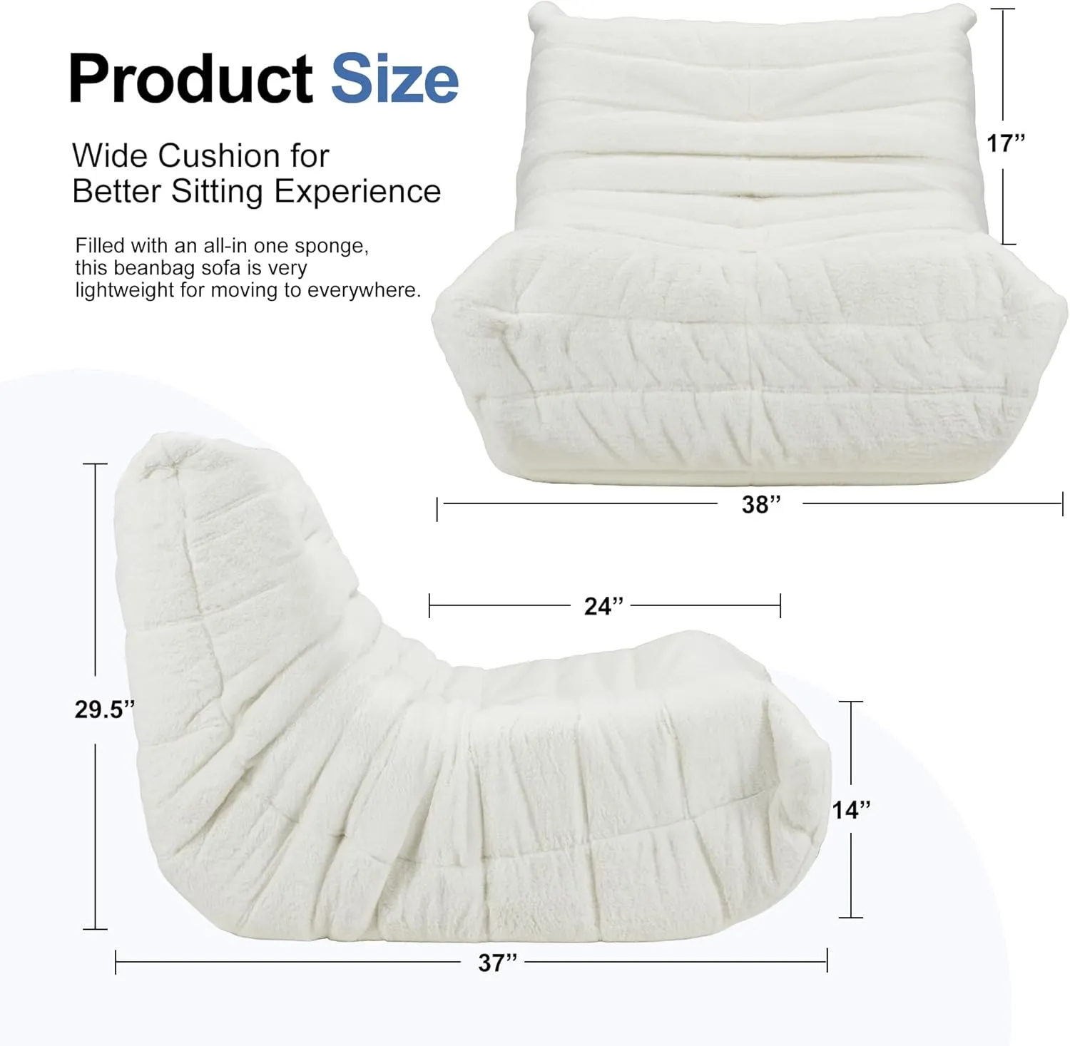 Bean Bag Chairs for Adults Giant Bean Bag Chair Memory Foam BeanBag Chair Big Bean Bag Sofa with Filler Faux Fur Fireside Beanbags Lazy Sofa for Living Room Bedroom Dorm Office (White Plush)