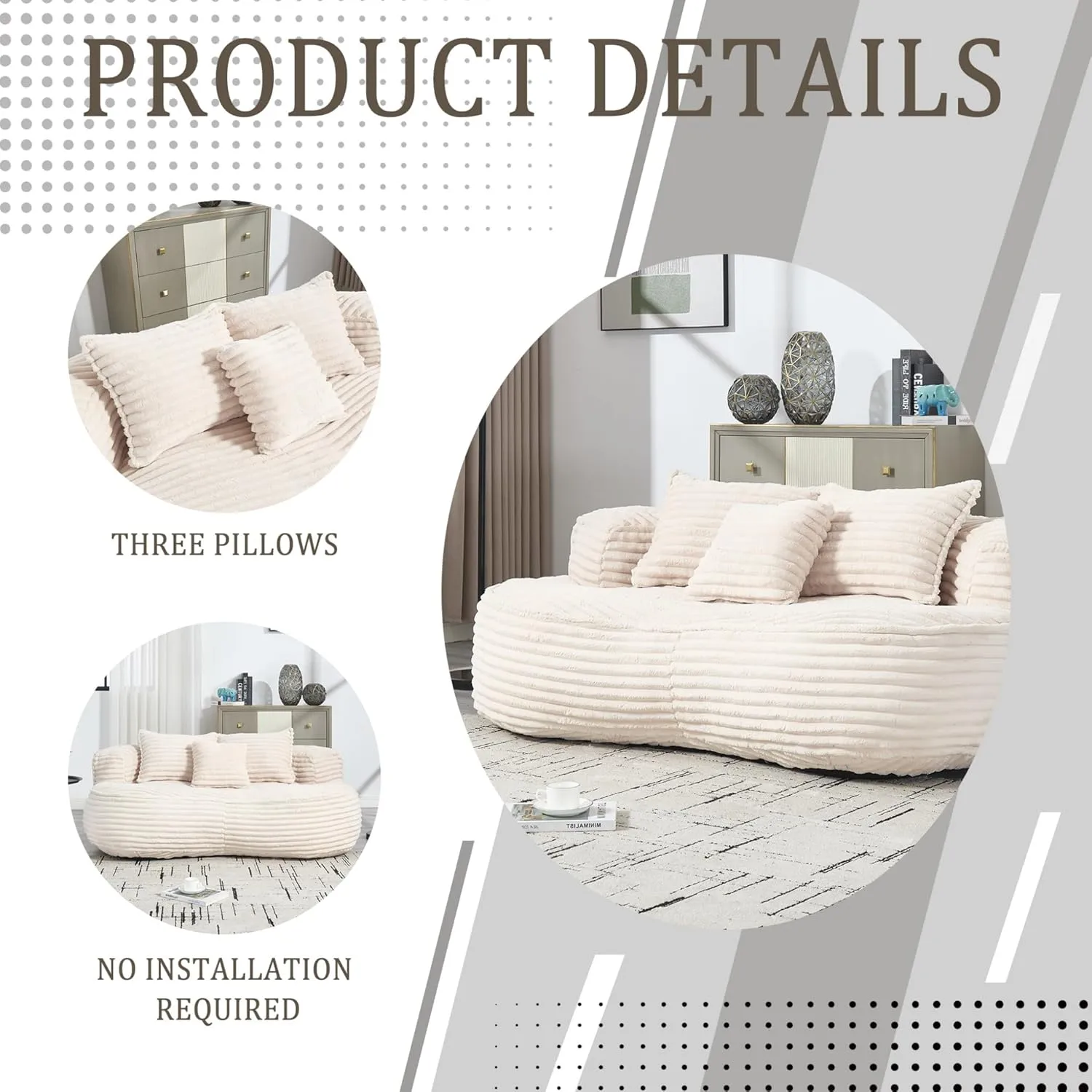 Bean Bag Sofa, 64'' W Large Lounger Lazy Loveseat Chair with 2 Pillows & Wrap-Around Backrest, Chenille Fabric Accent Floor Soft Lounge Chair for Living Room/Bedroom (Beige & Style 3)