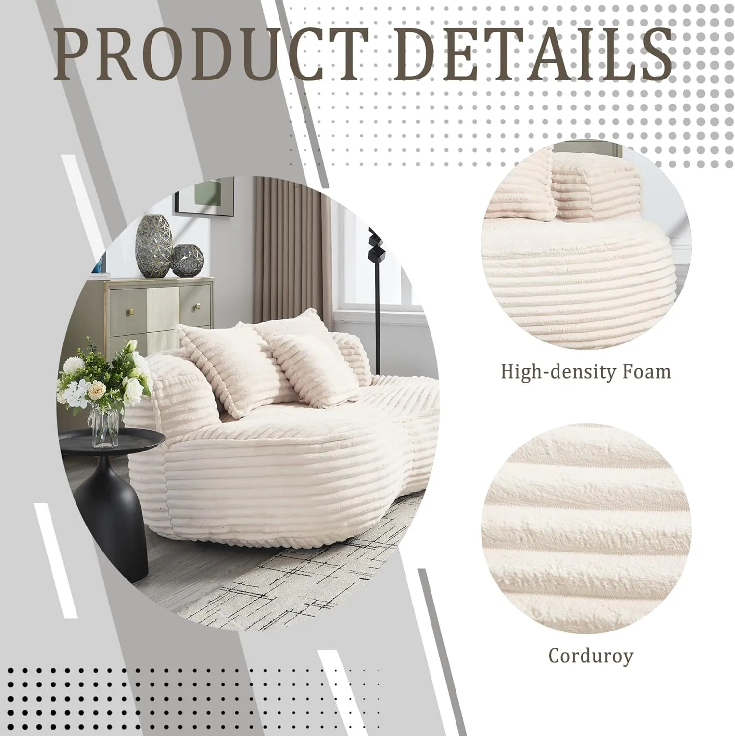 Bean Bag Sofa, 64'' W Large Lounger Lazy Loveseat Chair with 2 Pillows & Wrap-Around Backrest, Chenille Fabric Accent Floor Soft Lounge Chair for Living Room/Bedroom (Beige & Style 3)