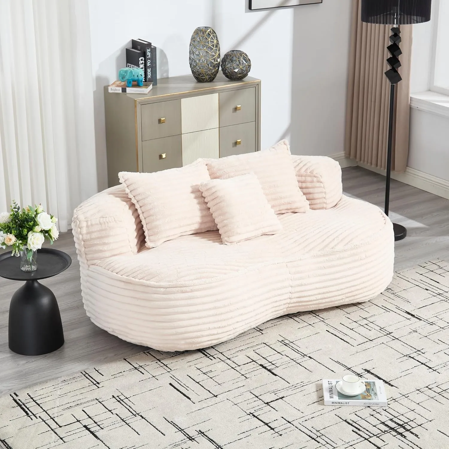 Bean Bag Sofa, 64'' W Large Lounger Lazy Loveseat Chair with 2 Pillows & Wrap-Around Backrest, Chenille Fabric Accent Floor Soft Lounge Chair for Living Room/Bedroom (Beige & Style 3)