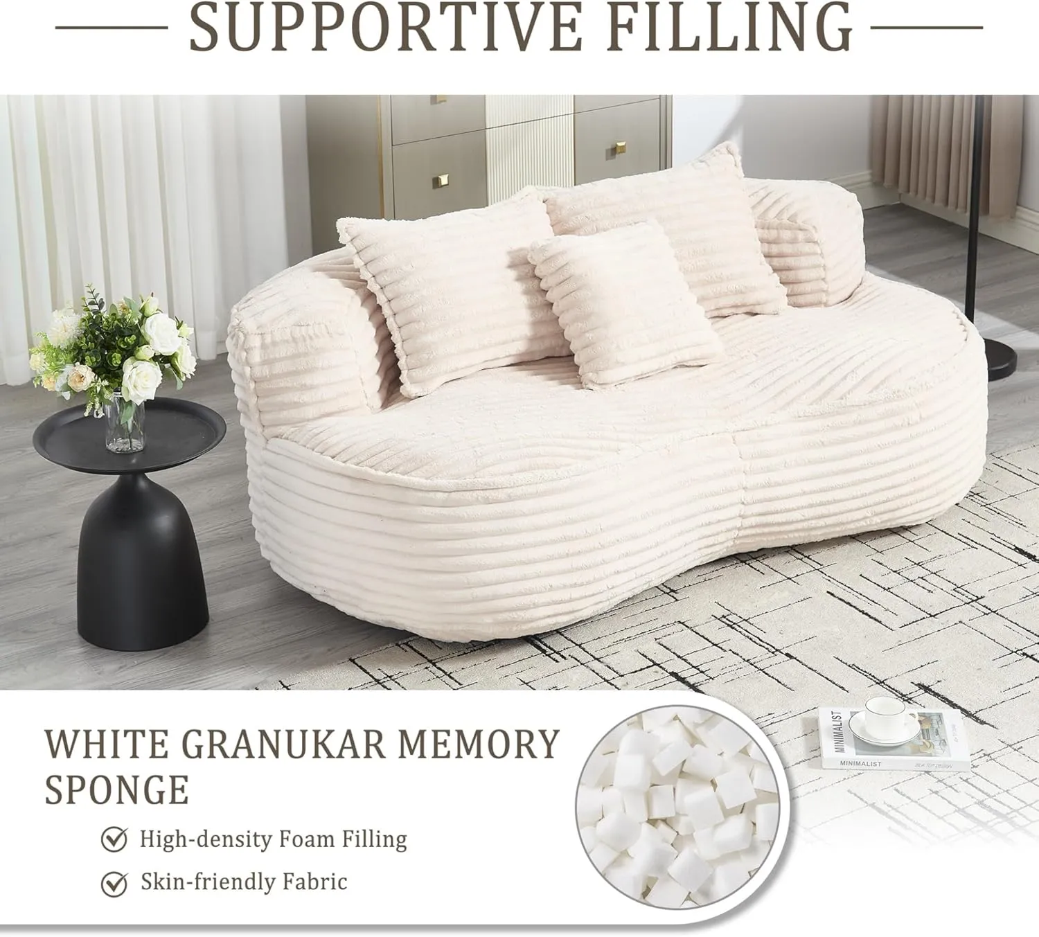 Bean Bag Sofa, 64'' W Large Lounger Lazy Loveseat Chair with 2 Pillows & Wrap-Around Backrest, Chenille Fabric Accent Floor Soft Lounge Chair for Living Room/Bedroom (Beige & Style 3)