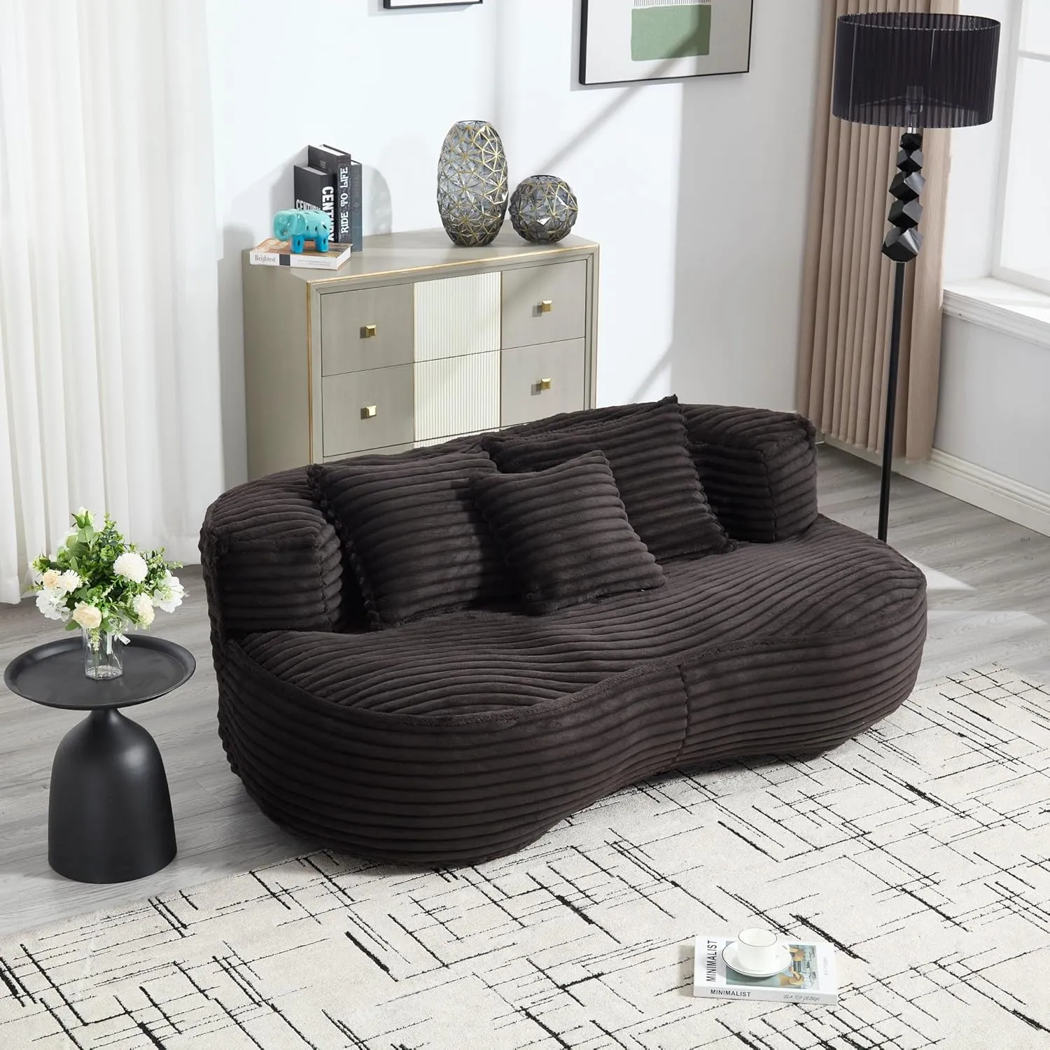 Bean Bag Sofa, 64'' W Large Lounger Lazy Loveseat Chair with 2 Pillows & Wrap-Around Backrest, Chenille Fabric Accent Floor Soft Lounge Chair for Living Room/Bedroom (Black & Style 3)