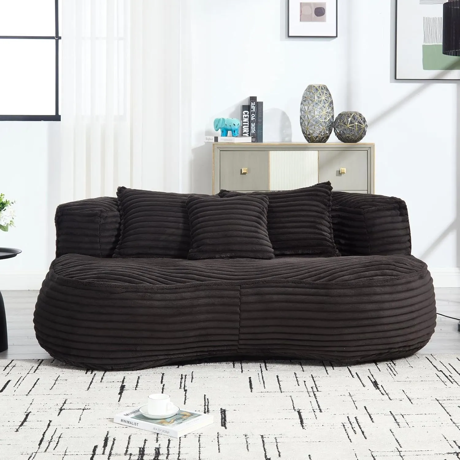 Bean Bag Sofa, 64'' W Large Lounger Lazy Loveseat Chair with 2 Pillows & Wrap-Around Backrest, Chenille Fabric Accent Floor Soft Lounge Chair for Living Room/Bedroom (Black & Style 3)