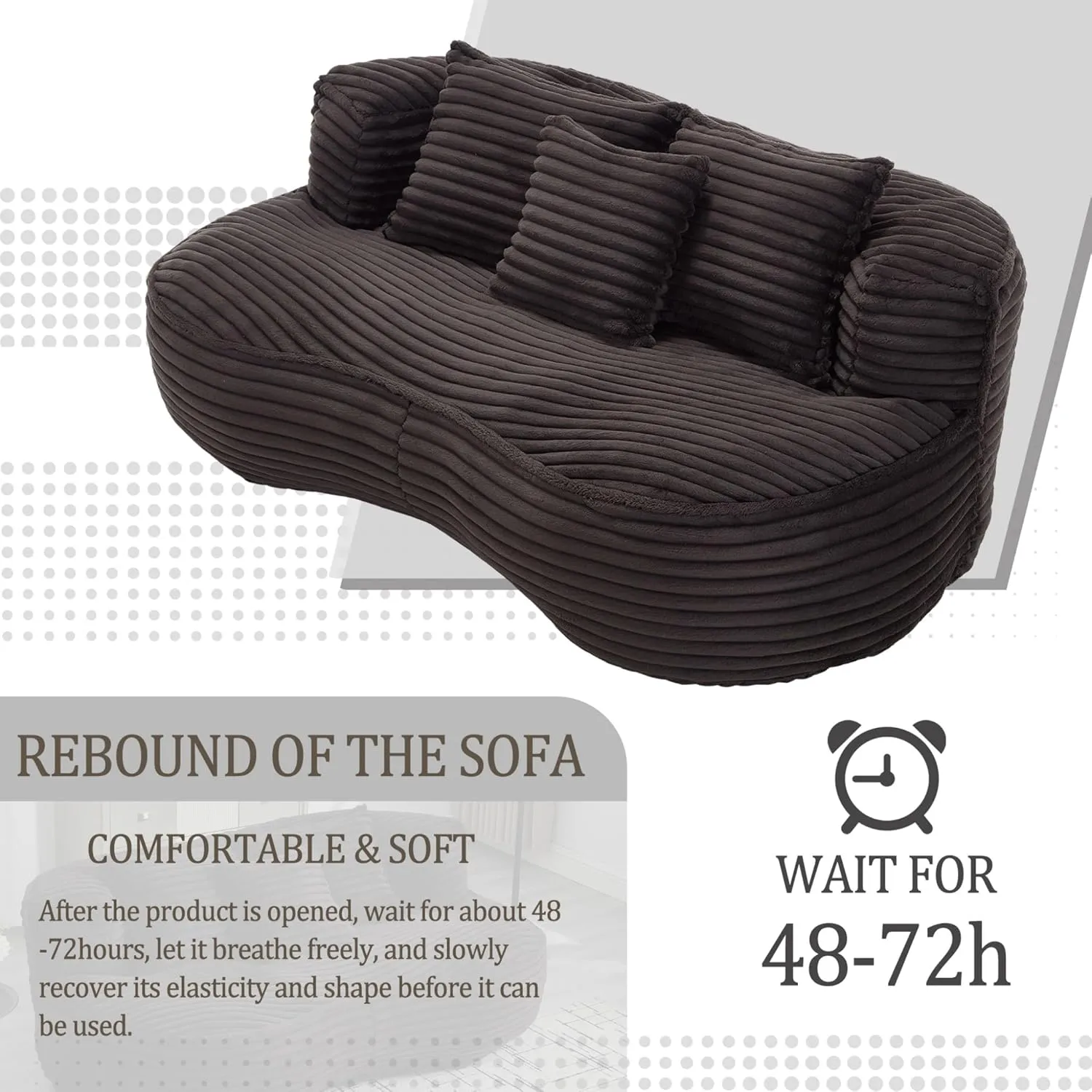Bean Bag Sofa, 64'' W Large Lounger Lazy Loveseat Chair with 2 Pillows & Wrap-Around Backrest, Chenille Fabric Accent Floor Soft Lounge Chair for Living Room/Bedroom (Black & Style 3)
