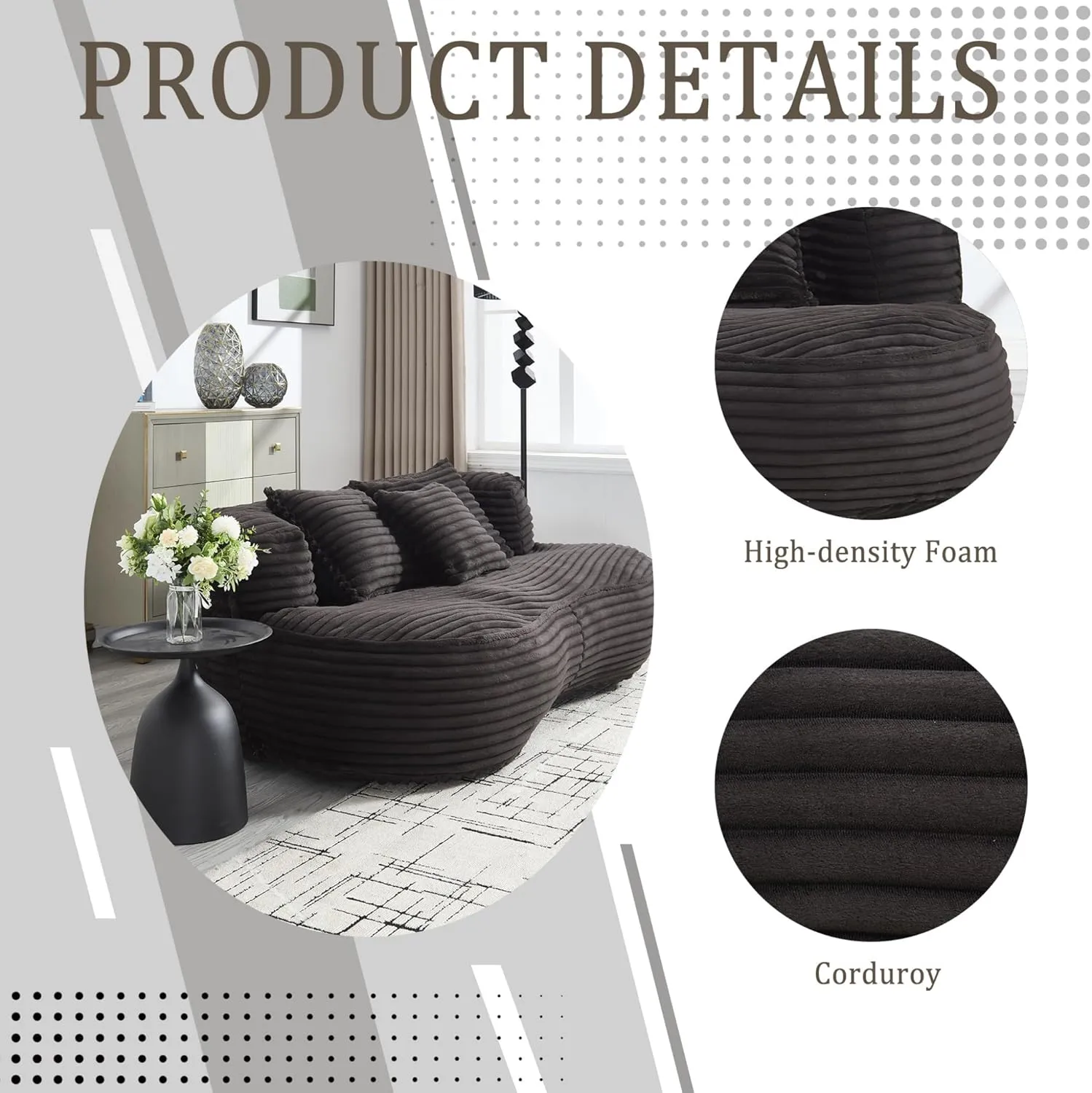 Bean Bag Sofa, 64'' W Large Lounger Lazy Loveseat Chair with 2 Pillows & Wrap-Around Backrest, Chenille Fabric Accent Floor Soft Lounge Chair for Living Room/Bedroom (Black & Style 3)
