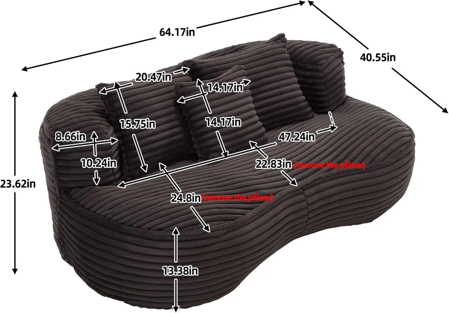 Bean Bag Sofa, 64'' W Large Lounger Lazy Loveseat Chair with 2 Pillows & Wrap-Around Backrest, Chenille Fabric Accent Floor Soft Lounge Chair for Living Room/Bedroom (Black & Style 3)