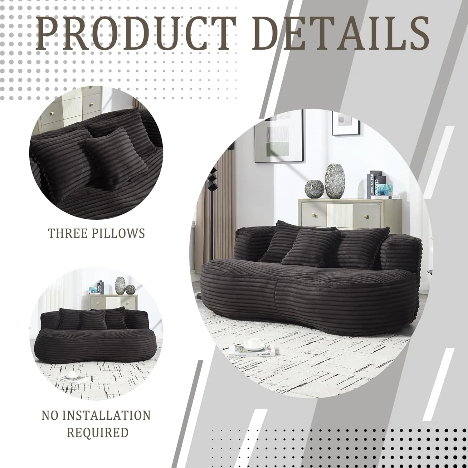 Bean Bag Sofa, 64'' W Large Lounger Lazy Loveseat Chair with 2 Pillows & Wrap-Around Backrest, Chenille Fabric Accent Floor Soft Lounge Chair for Living Room/Bedroom (Black & Style 3)