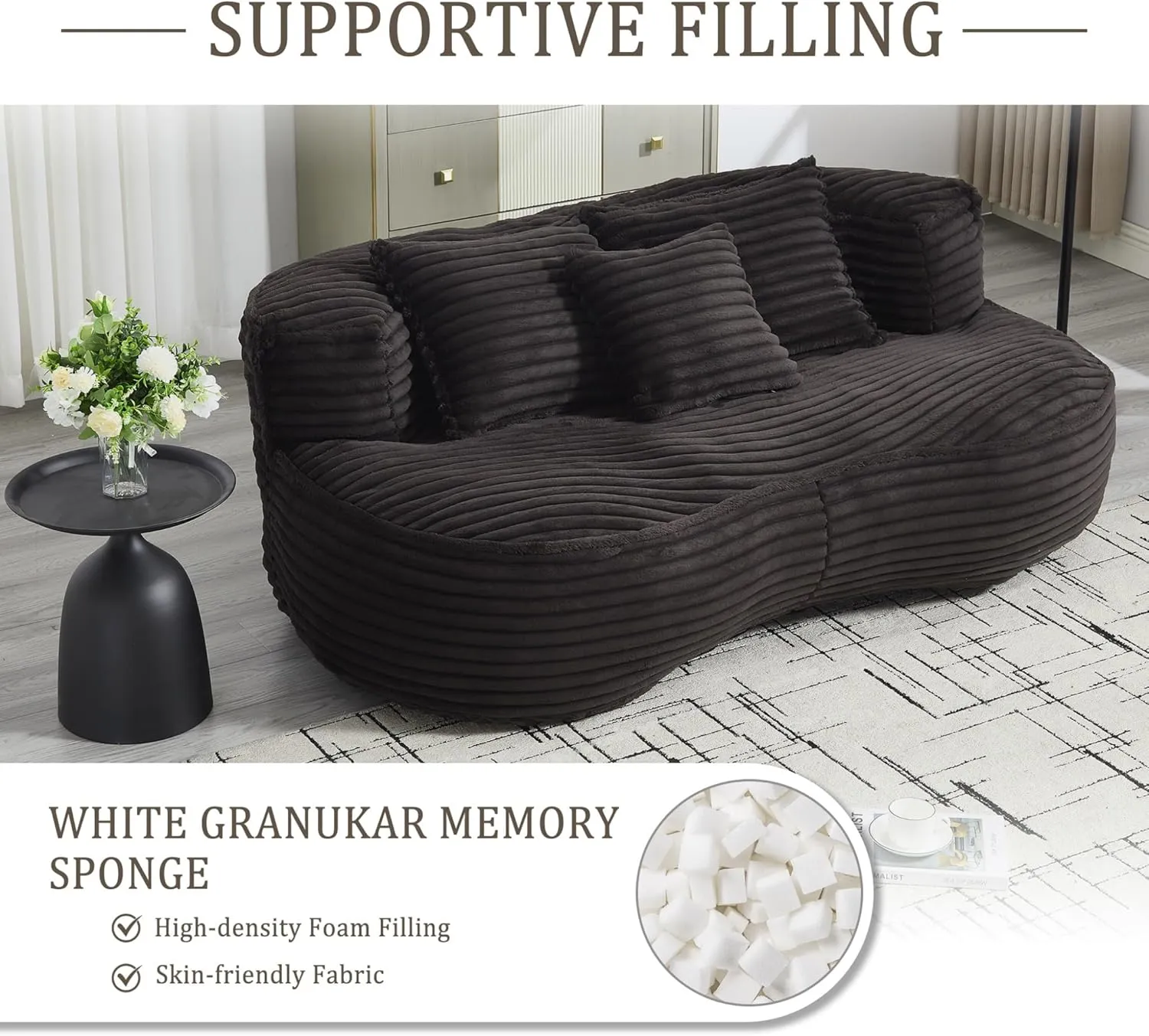 Bean Bag Sofa, 64'' W Large Lounger Lazy Loveseat Chair with 2 Pillows & Wrap-Around Backrest, Chenille Fabric Accent Floor Soft Lounge Chair for Living Room/Bedroom (Black & Style 3)