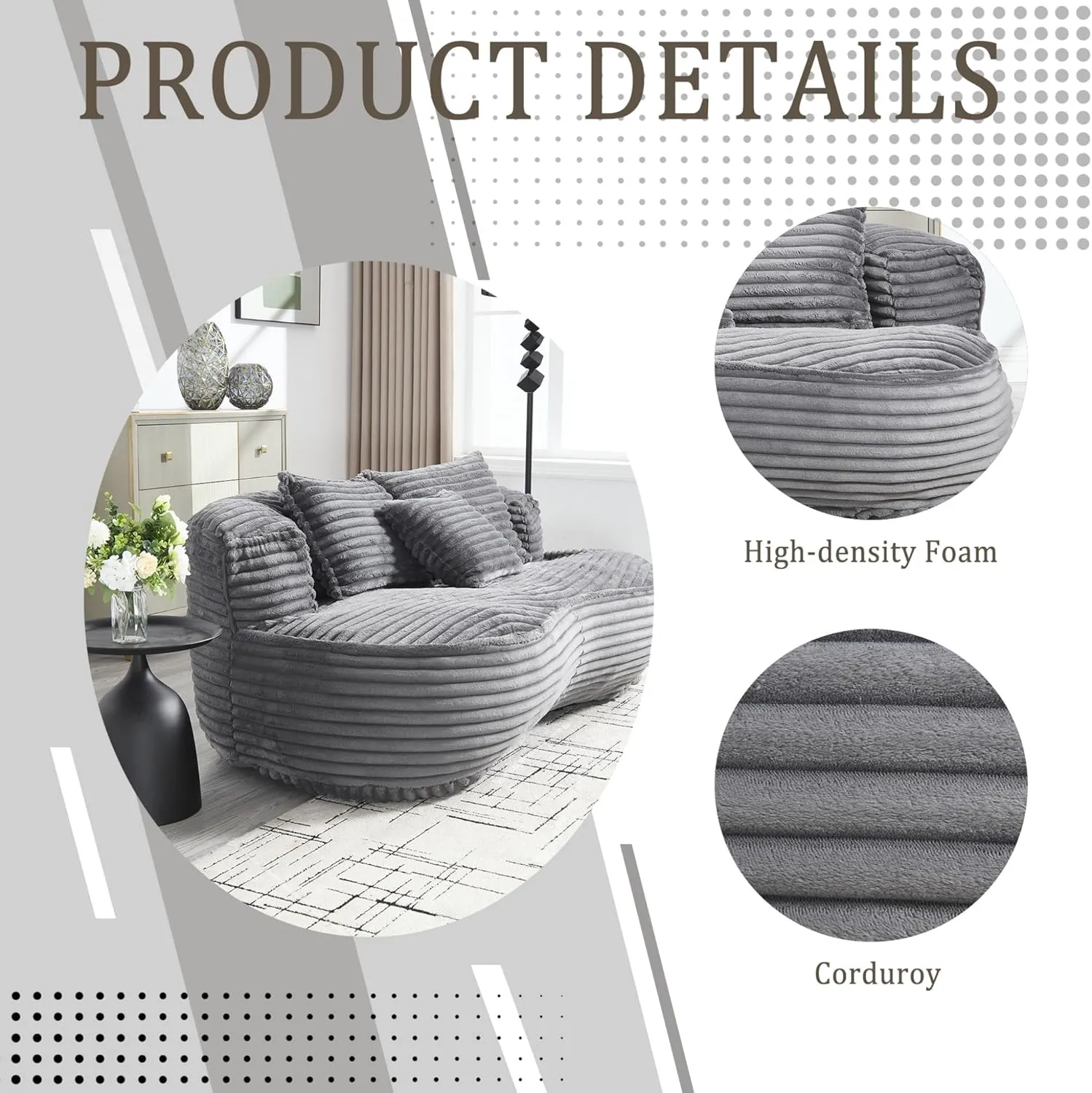 Bean Bag Sofa, 64'' W Large Lounger Lazy Loveseat Chair with 2 Pillows & Wrap-Around Backrest, Chenille Fabric Accent Floor Soft Lounge Chair for Living Room/Bedroom (Dark Gray & Style 3)