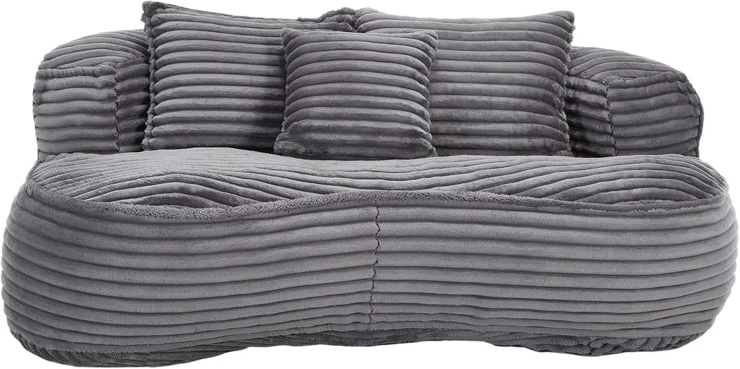 Bean Bag Sofa, 64'' W Large Lounger Lazy Loveseat Chair with 2 Pillows & Wrap-Around Backrest, Chenille Fabric Accent Floor Soft Lounge Chair for Living Room/Bedroom (Dark Gray & Style 3)