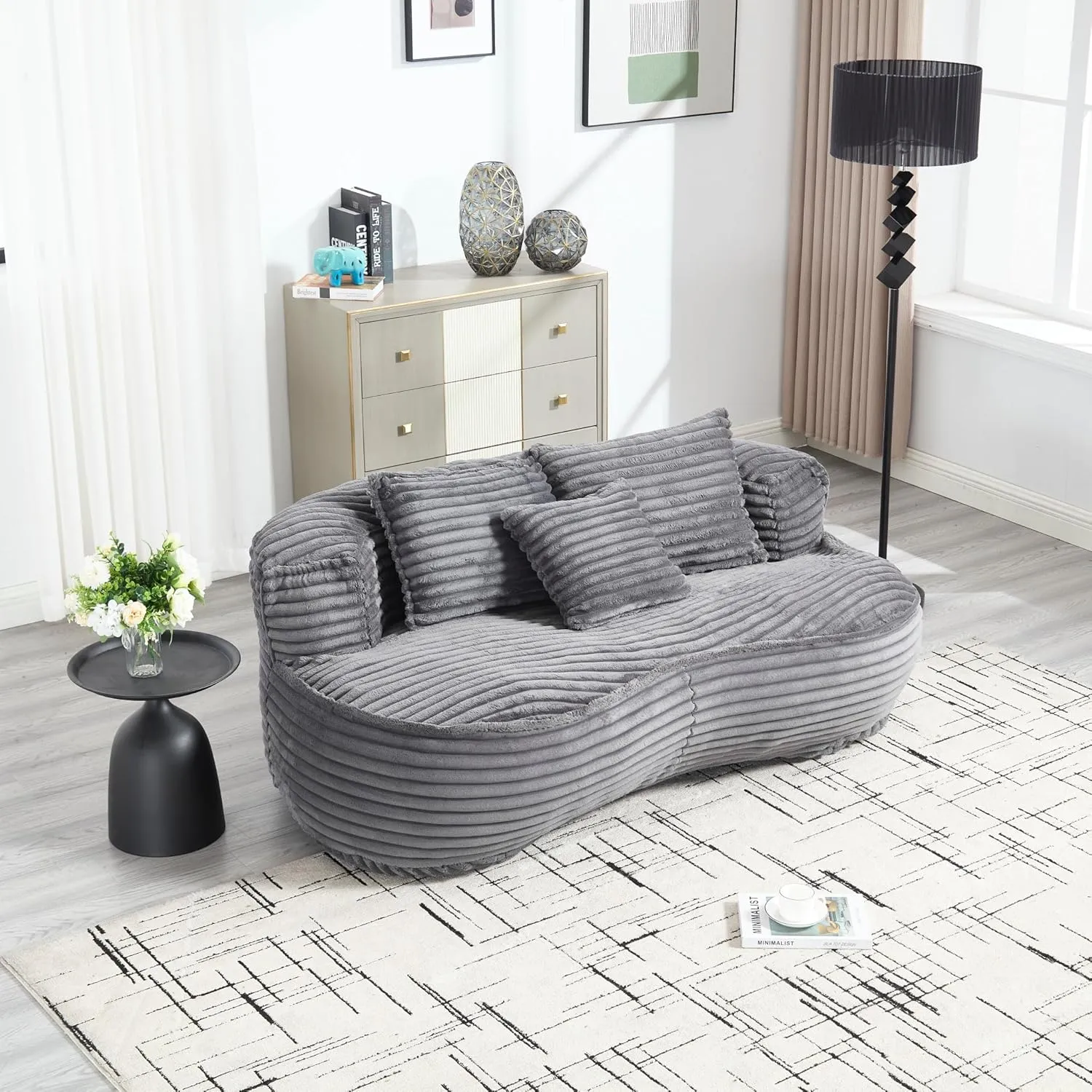 Bean Bag Sofa, 64'' W Large Lounger Lazy Loveseat Chair with 2 Pillows & Wrap-Around Backrest, Chenille Fabric Accent Floor Soft Lounge Chair for Living Room/Bedroom (Dark Gray & Style 3)