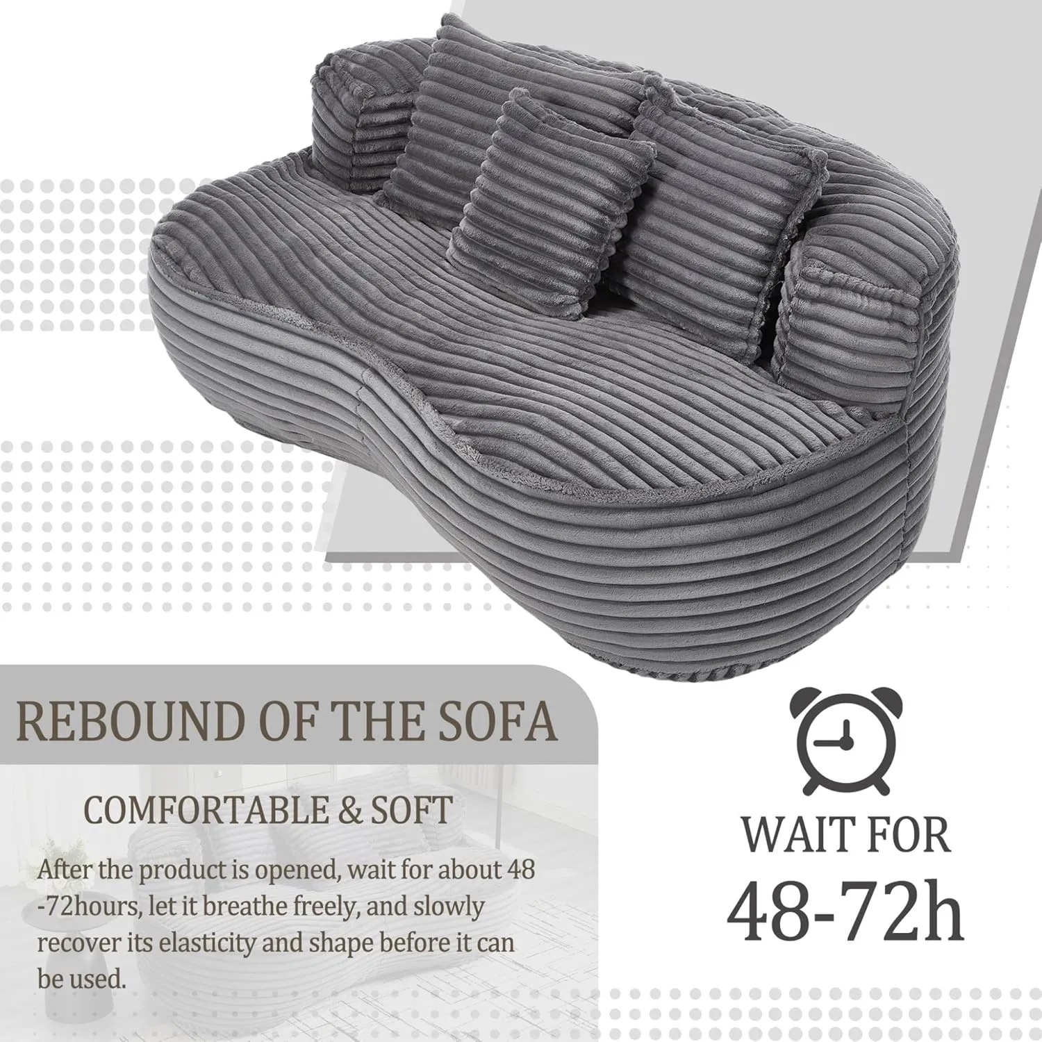 Bean Bag Sofa, 64'' W Large Lounger Lazy Loveseat Chair with 2 Pillows & Wrap-Around Backrest, Chenille Fabric Accent Floor Soft Lounge Chair for Living Room/Bedroom (Dark Gray & Style 3)